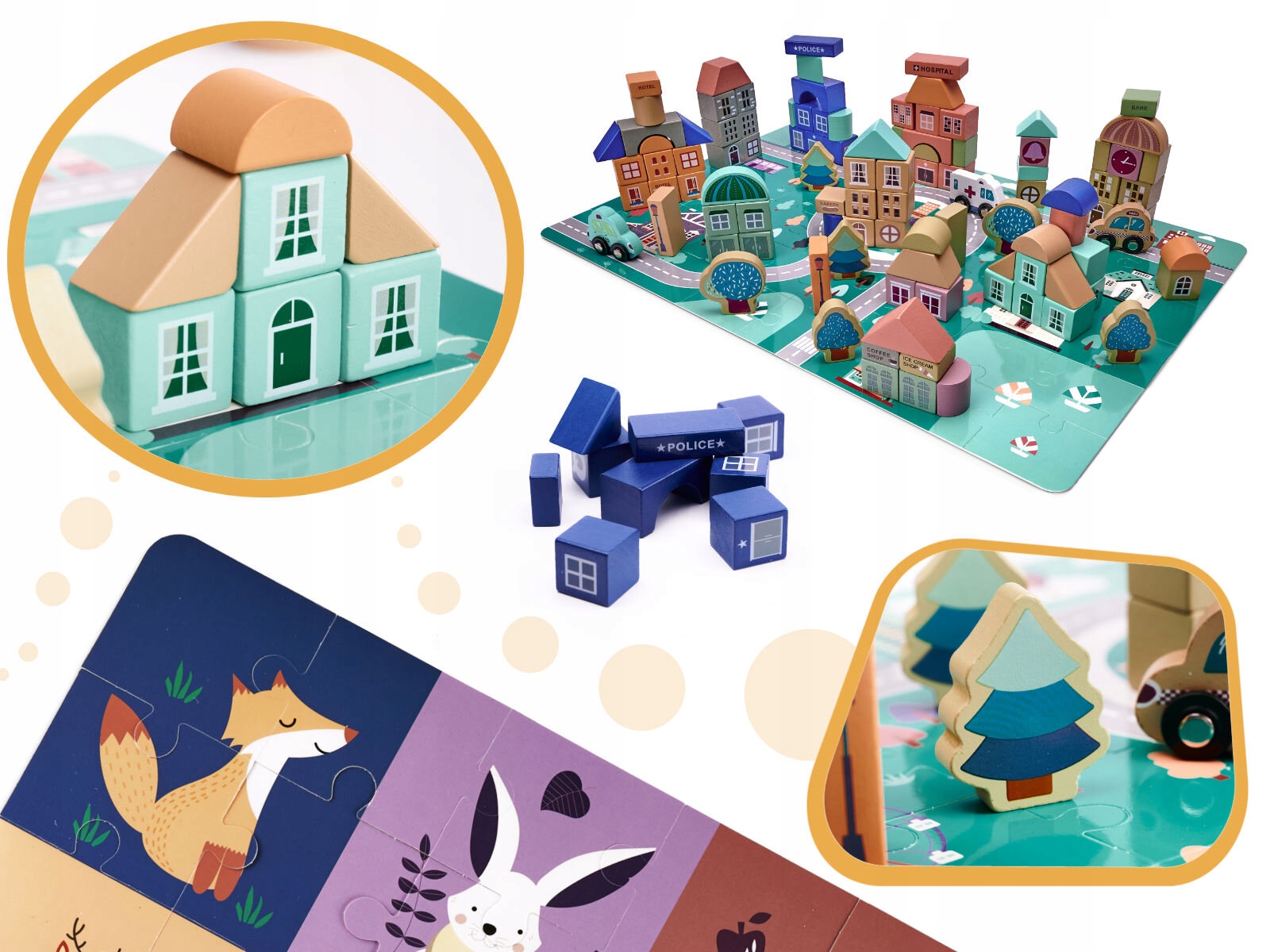 Klocki drewniane i puzzle w wiaderku 181 elementów Marka Ikonka