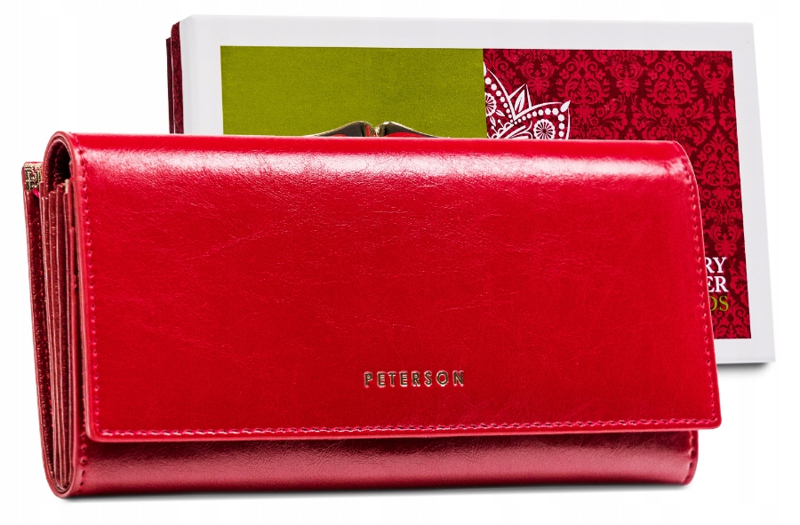 Damski portfel skórzany na zatrzask portmonetka Rfid Stop czerwony Peterson