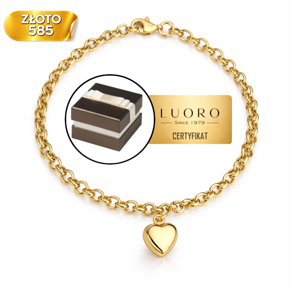 Náramek Zlatý 585 14K Vazba Ankr Zaw Srdce 17,5 CM Elegantní