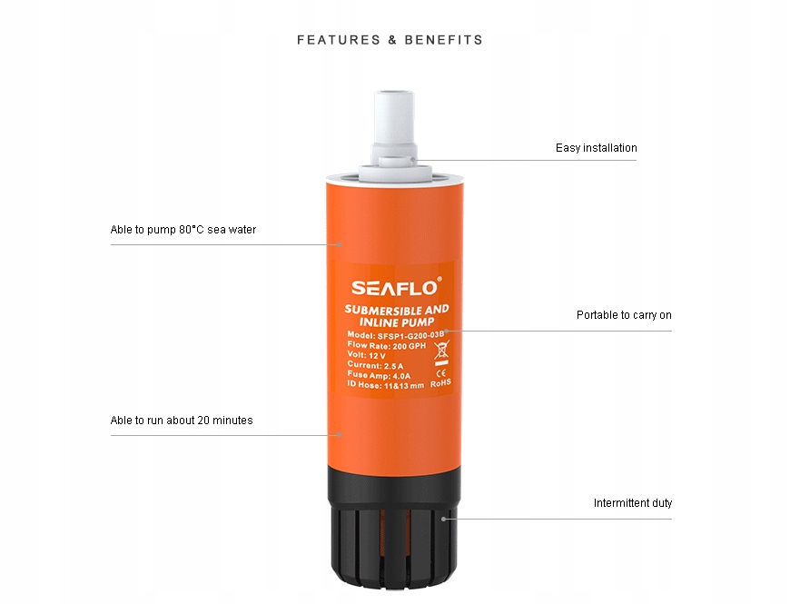 POMPA WODY 12V ZANURZENIOWA + PRZEPŁYWOWA 13L/MIN Marka Seaflo