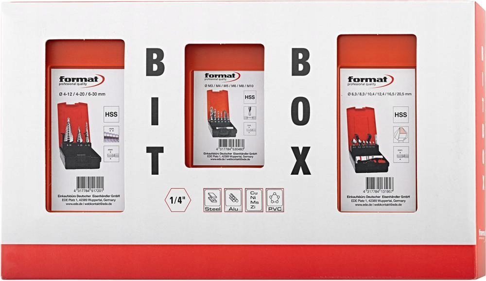 Sada pro obrábění kovů Bit BOX"1/4 Stb kuželové záhlubníky kombinované vrtáky