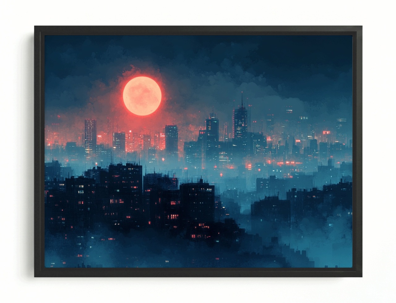 Obraz Rám Americký Box Město Mrakodrapy Bloky Noc Červený Měsíc 100x75