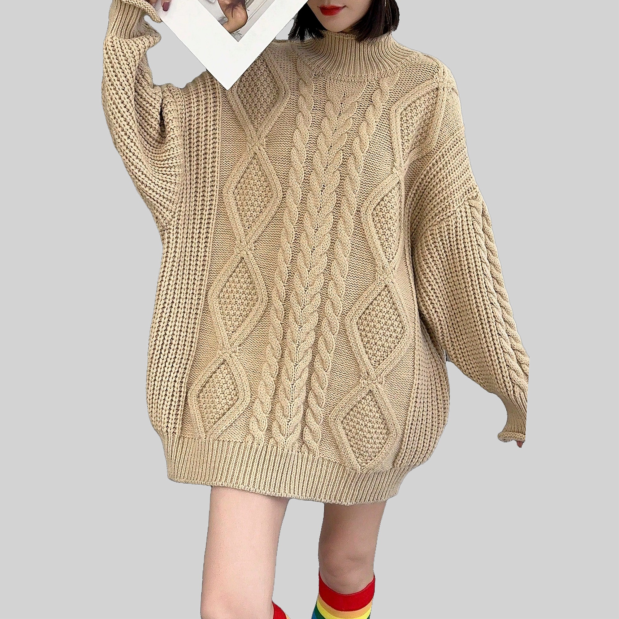 Dámský Svetr Oversize Se Stojáčkem Béžový Casual Shein M 38