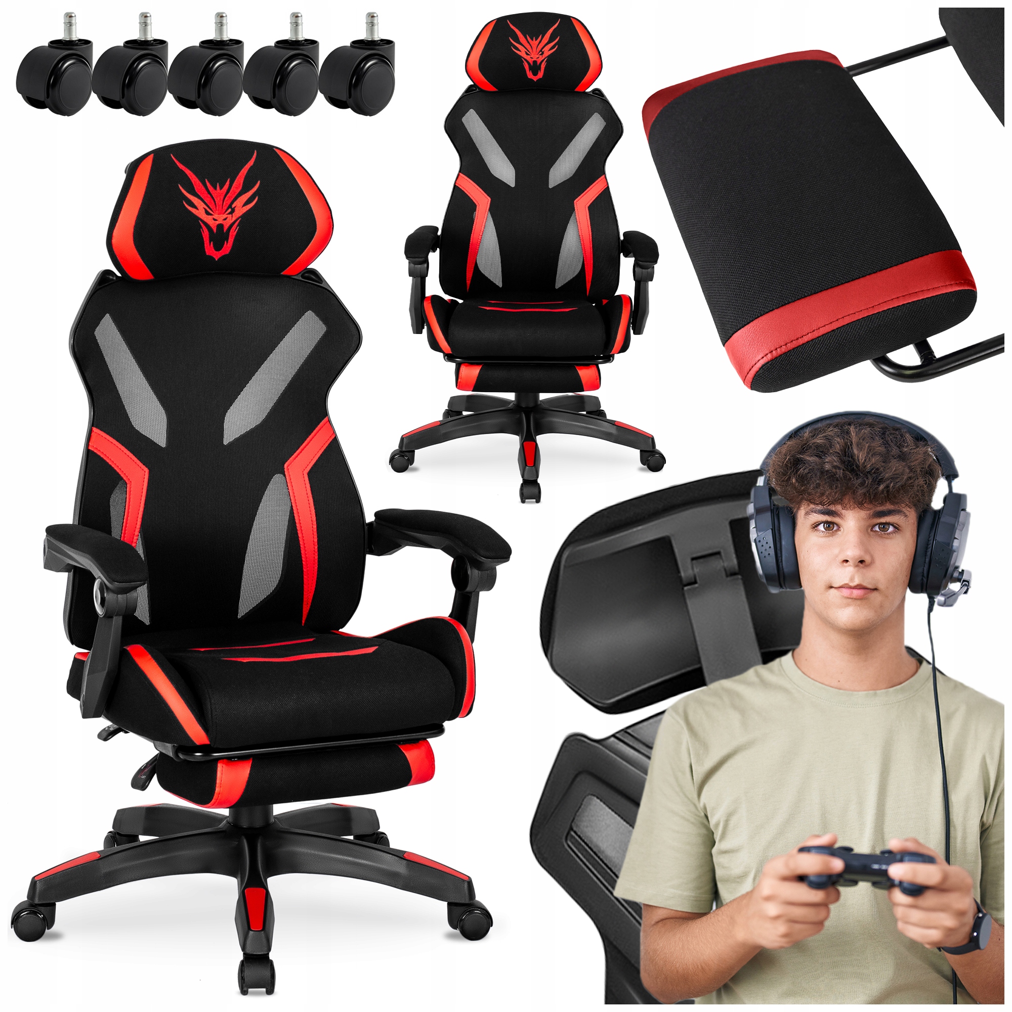 Křeslo pro hráče Černé Červené Otočné s herní podnožkou Maximo