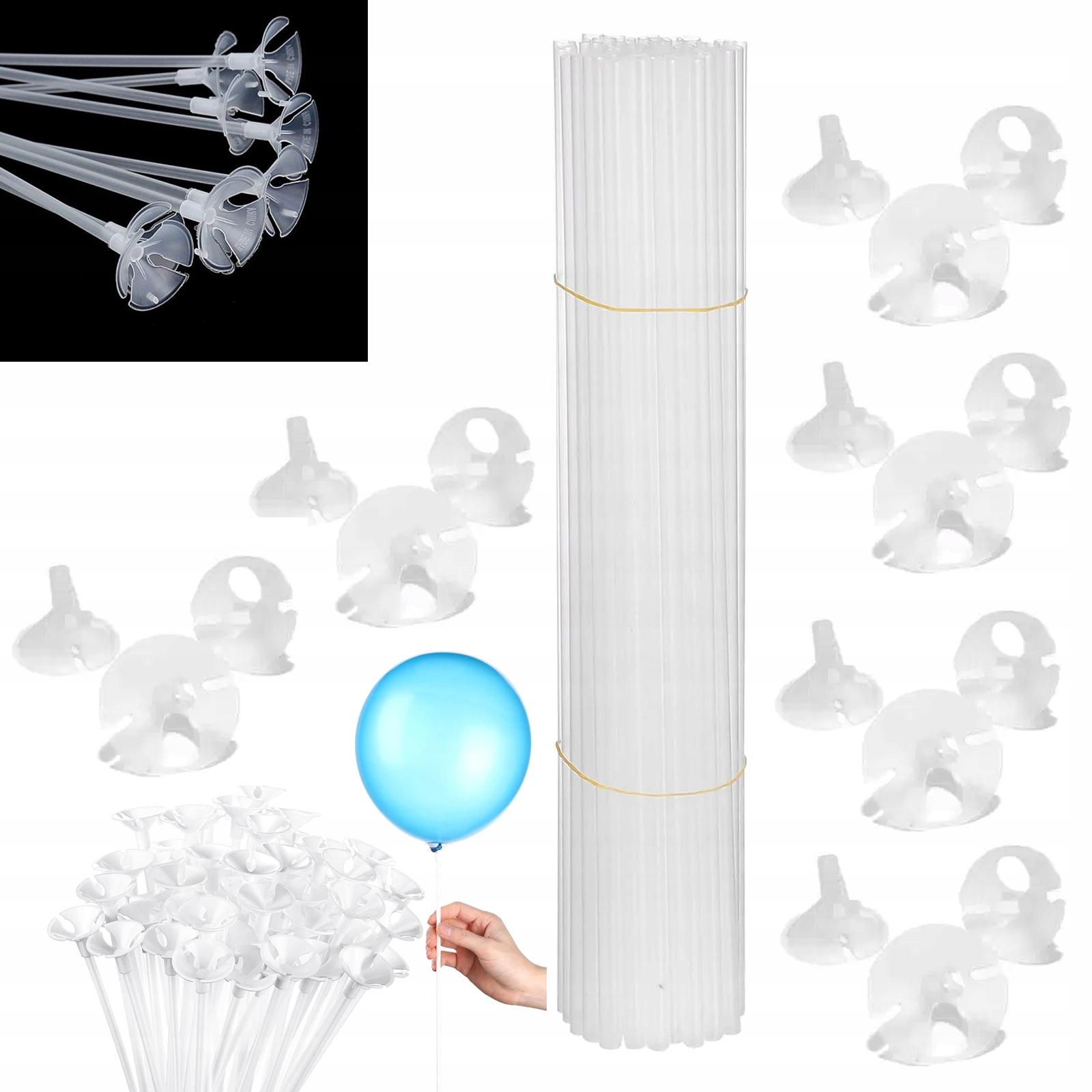 PATYCZKI patyki Z KOSZYCZKAMI DO BALONÓW 100 SZT ZATYCZKI transparentne