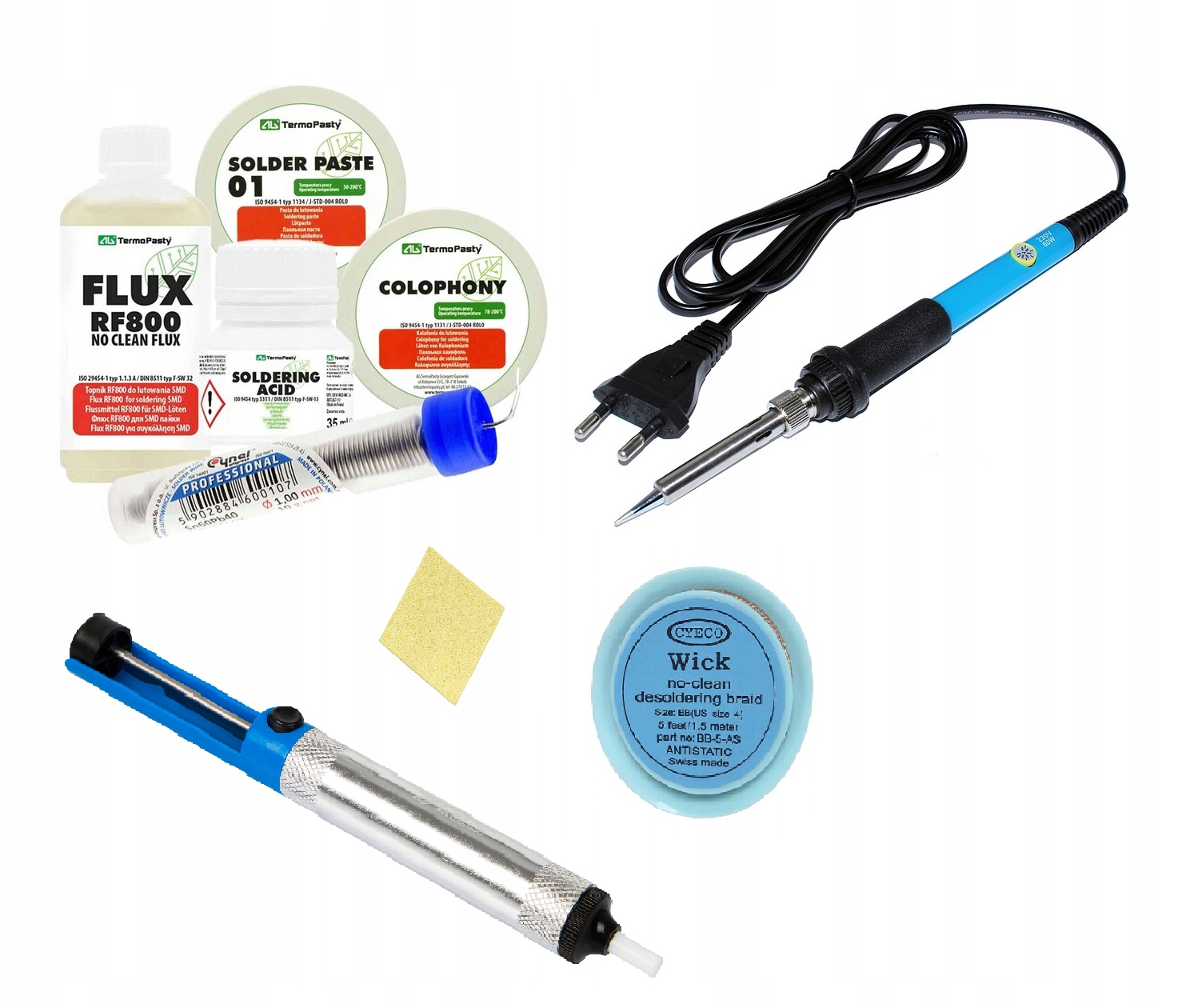 Zestaw Do Lutowania Cyna Kalafonia Kwas Pasta Lutownica Plecionka Gąbka XXL