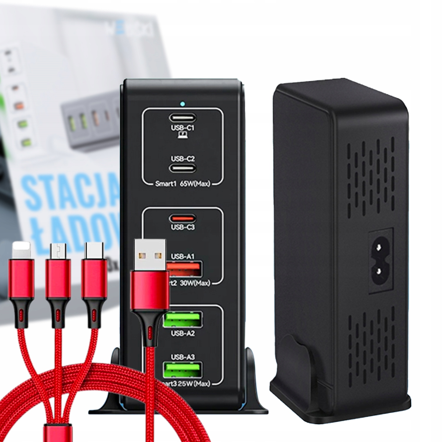 Rychlá síťová nabíječka 120W 6xUSB Qc kabel 3v1 pro všechny telefony