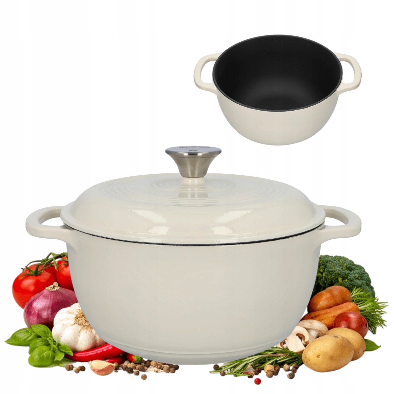 Hrniec Liatinový smaltovaný 5,8L Ecru s krytom kotlíka Indukcia Plyn