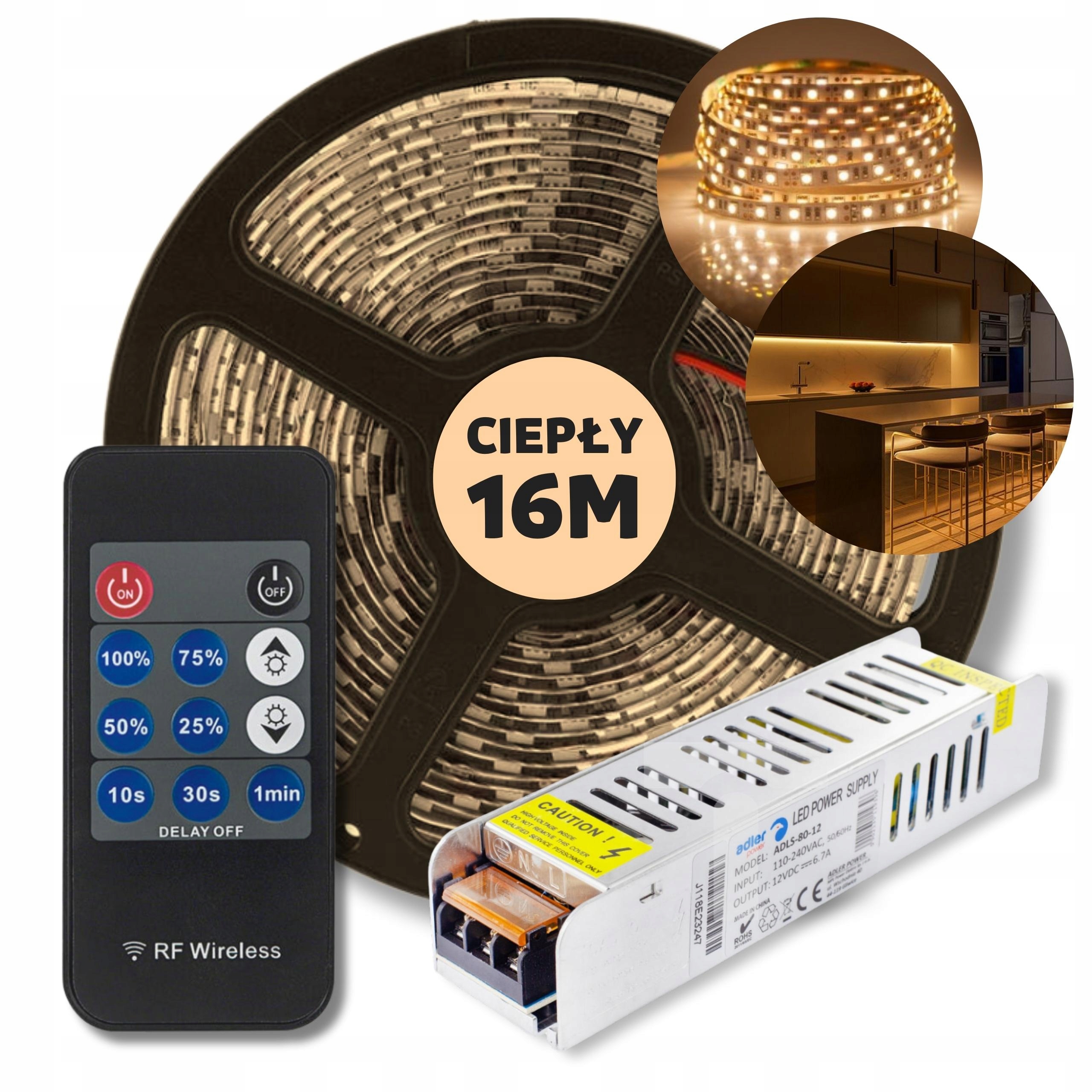 Sada 16 m Pásik Led Smd biely teplý napájací zdroj diaľkový ovládač 12 V