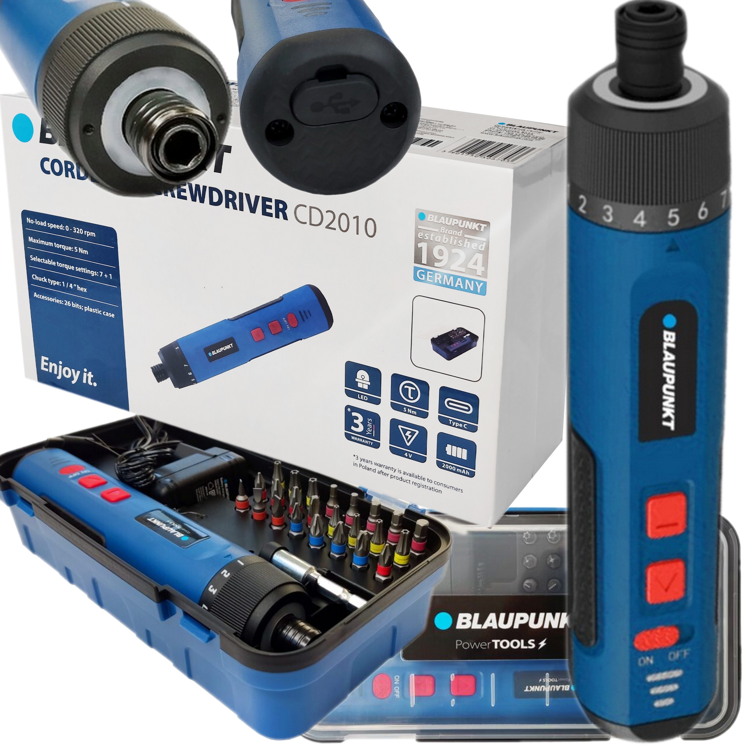 Wkrętak Elektryczny Śrubokręt Akumulatorowy 4V Blaupunkt Zestaw 26 Bitów