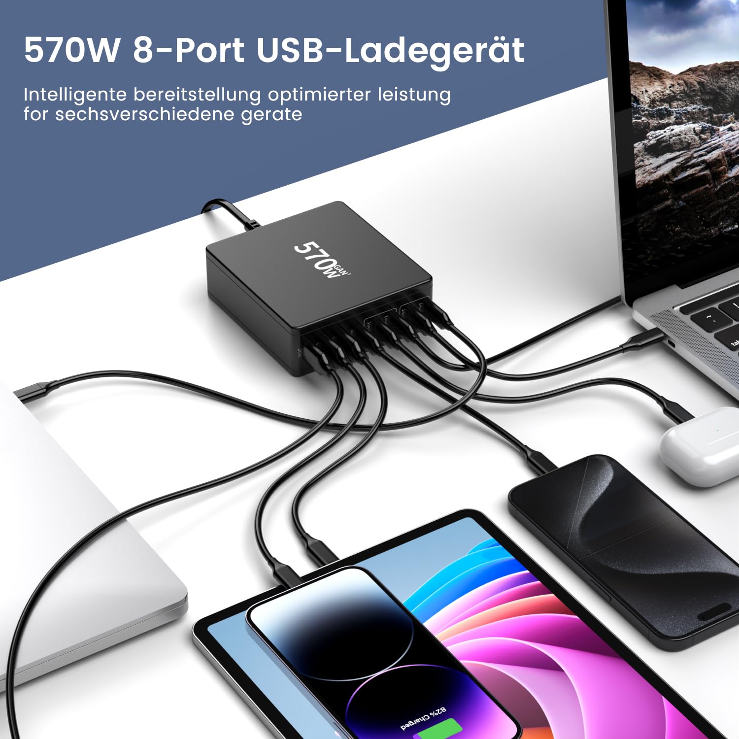 HSSNS Ładowarka USB C 570W 8-Portowa Stacja Ładowania Laptop MacBook iPhone — miniatura 3