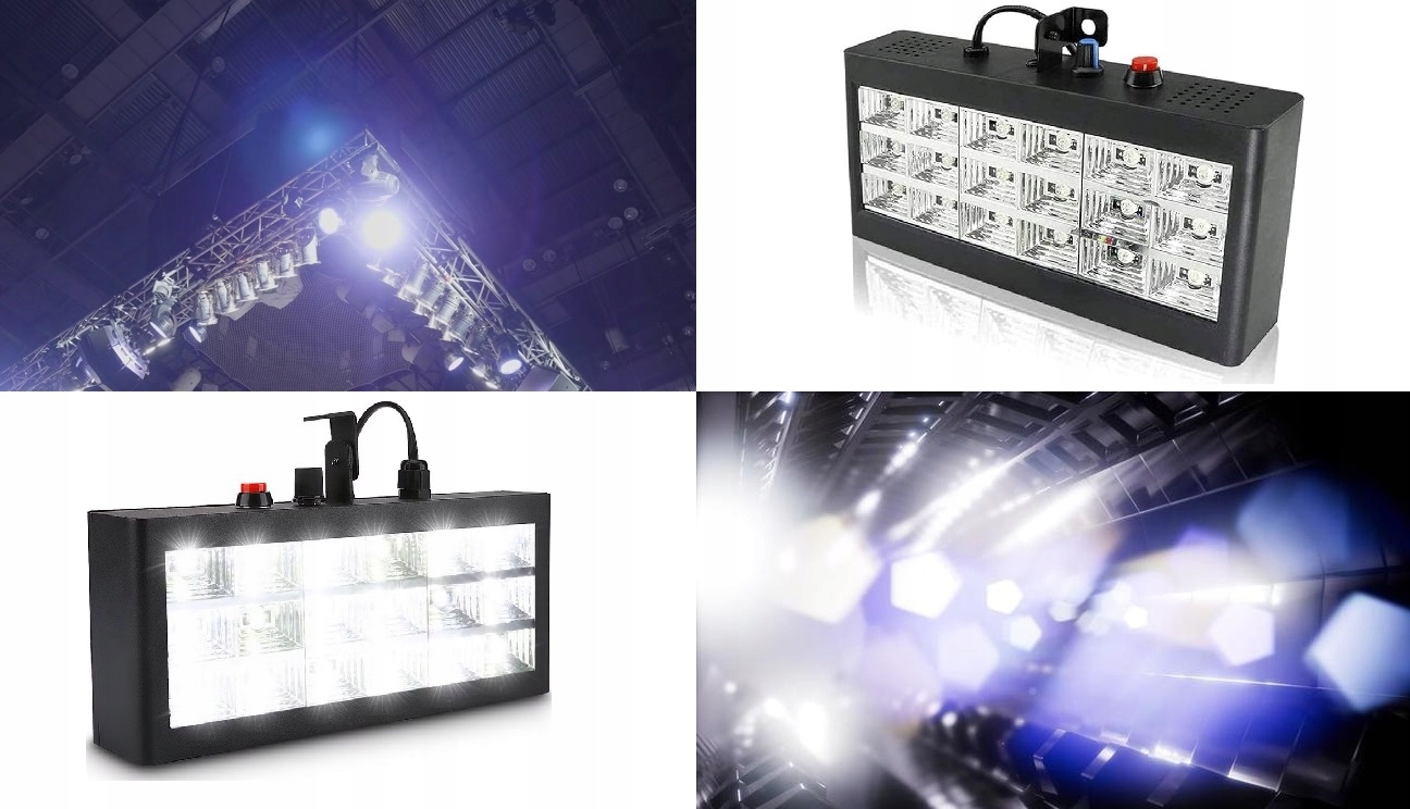 KOLOROFON STROBOSKOP BIAŁE ŚWIATŁO REFLEKTOR DYKOTEKOWY 18LED CZUJNIK DŹW. Zasilanie sieciowe