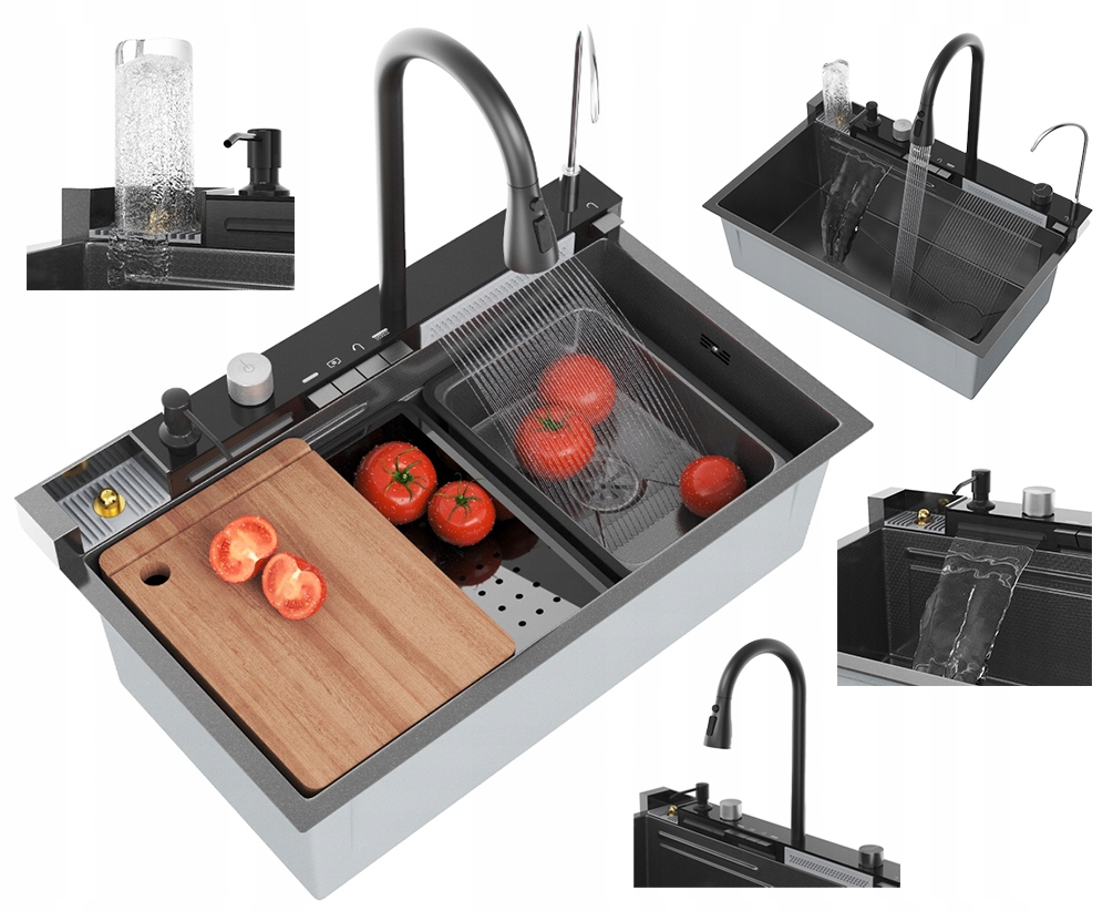 Oceľový drez Gun Grey Multifunkčná Sada Drezu s Kaskádovou Batériou