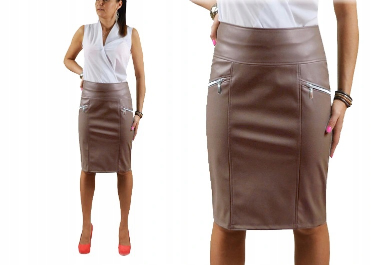 SPÓDNICE EKO SKÓRA Z 2 SUWAKAMI CAPPUCCINO r.46