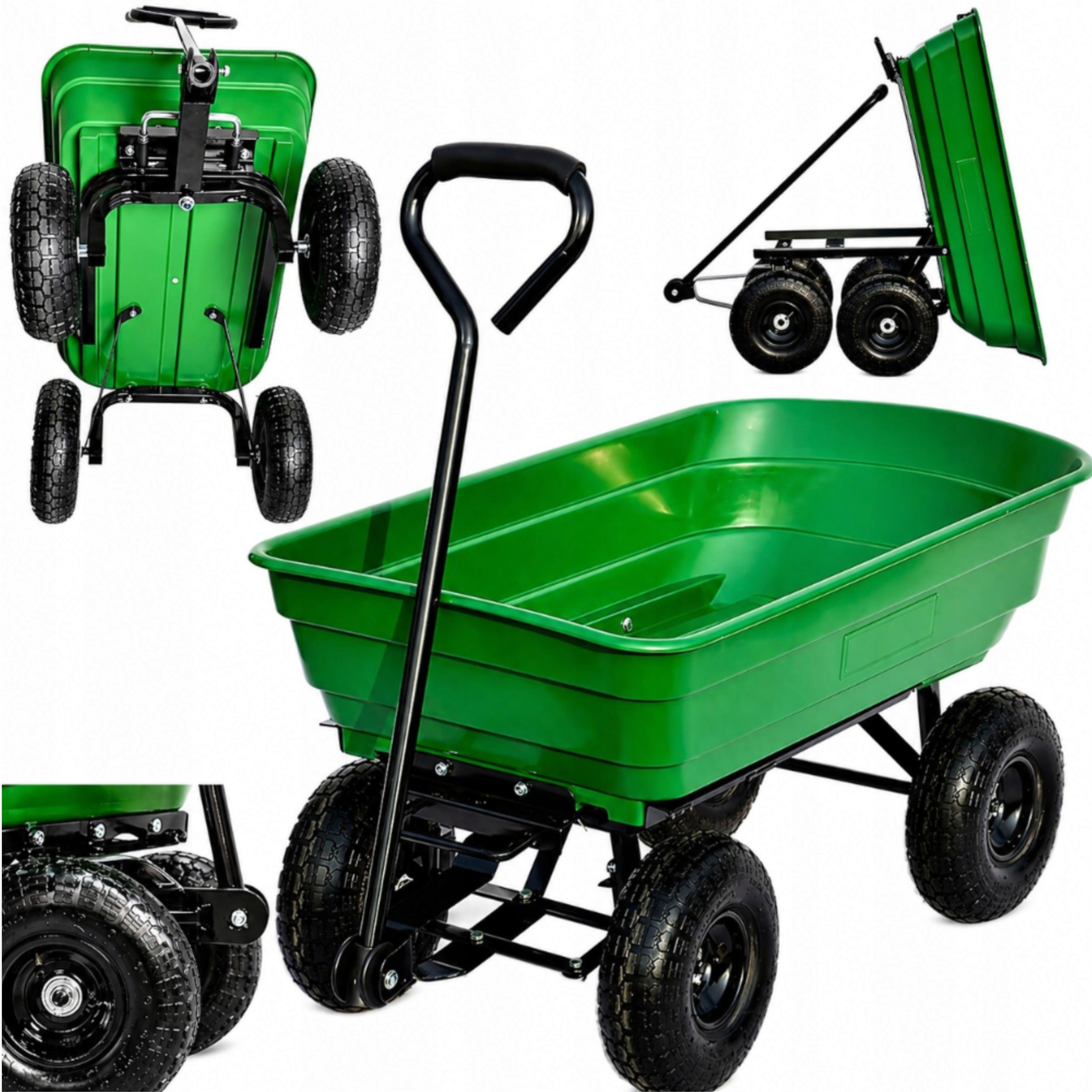 Záhradný prepravný vozík 75L 4 Veľké kolesá 300 Kg Funkcia sklápača Silný