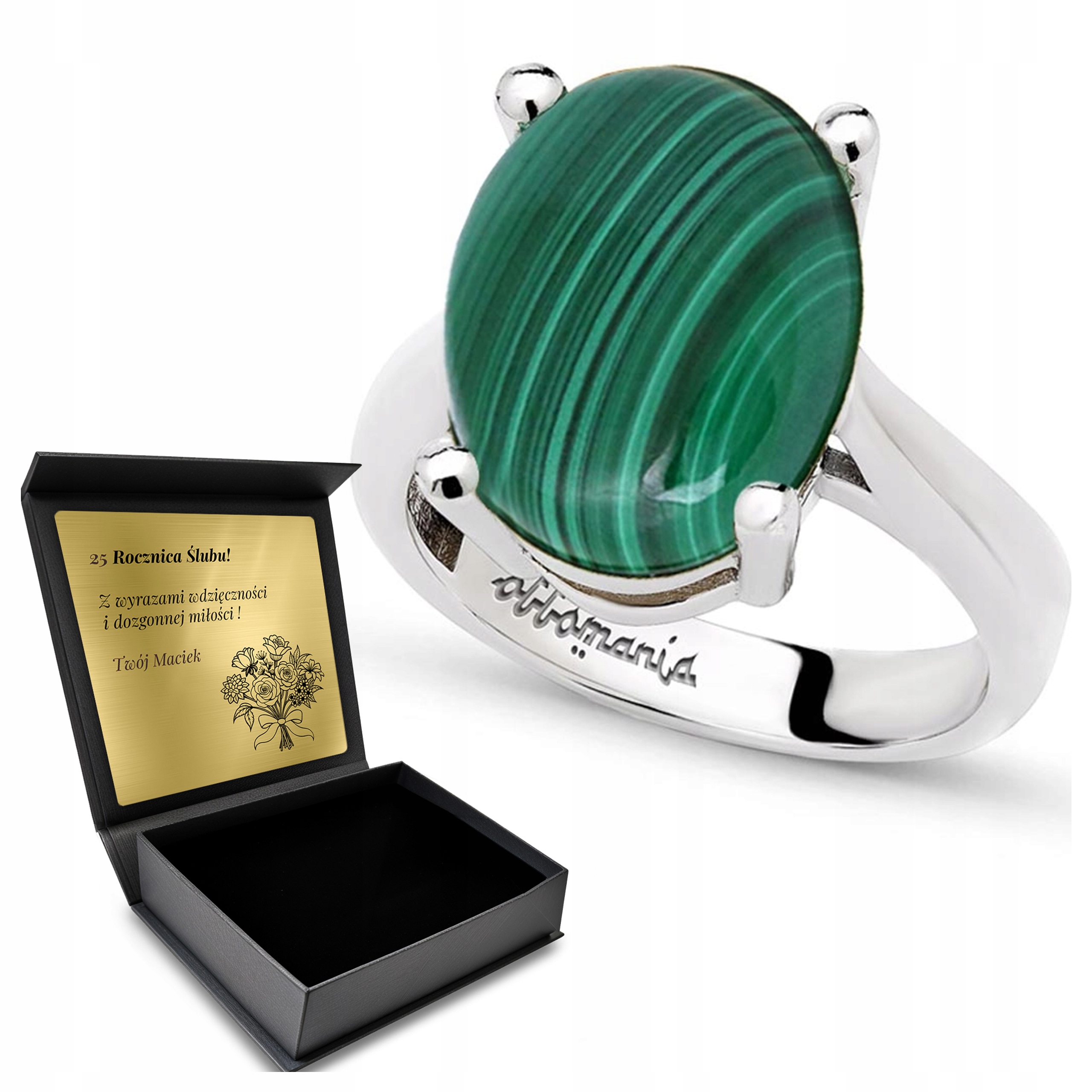 Prstýnek 925 Zirkony Malachit Dárek pro ženu Gravírování