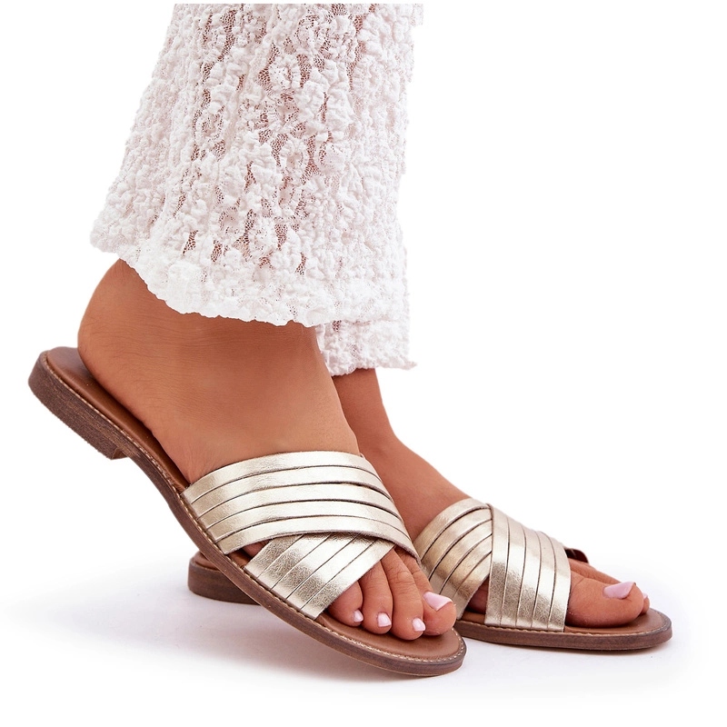 Nazouváky Z Přírodní Kůže Plochý Podpatek Lewski 3682 Zlaté 41