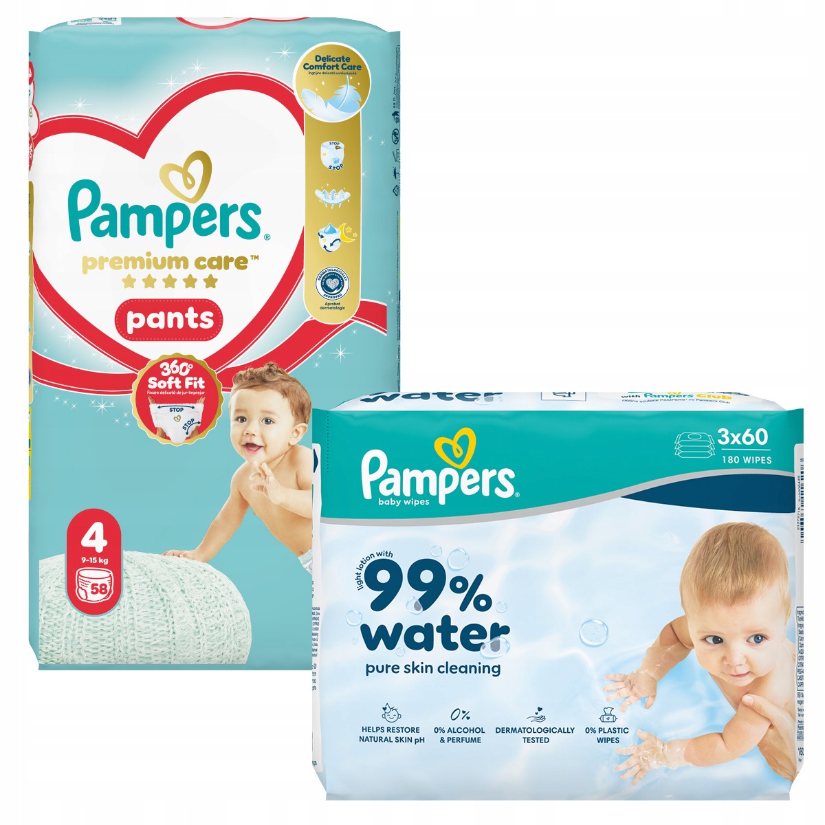 Pampers Premium Care Pants rozm. 4 58szt Chusteczki 99% Water 180szt