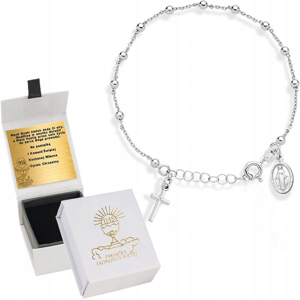 BRANSOLETKA SREBRNA NA RĘKĘ RÓŻANIEC GRAWER NA KOMUNIĘ ŚWIĘTĄ SREBRO