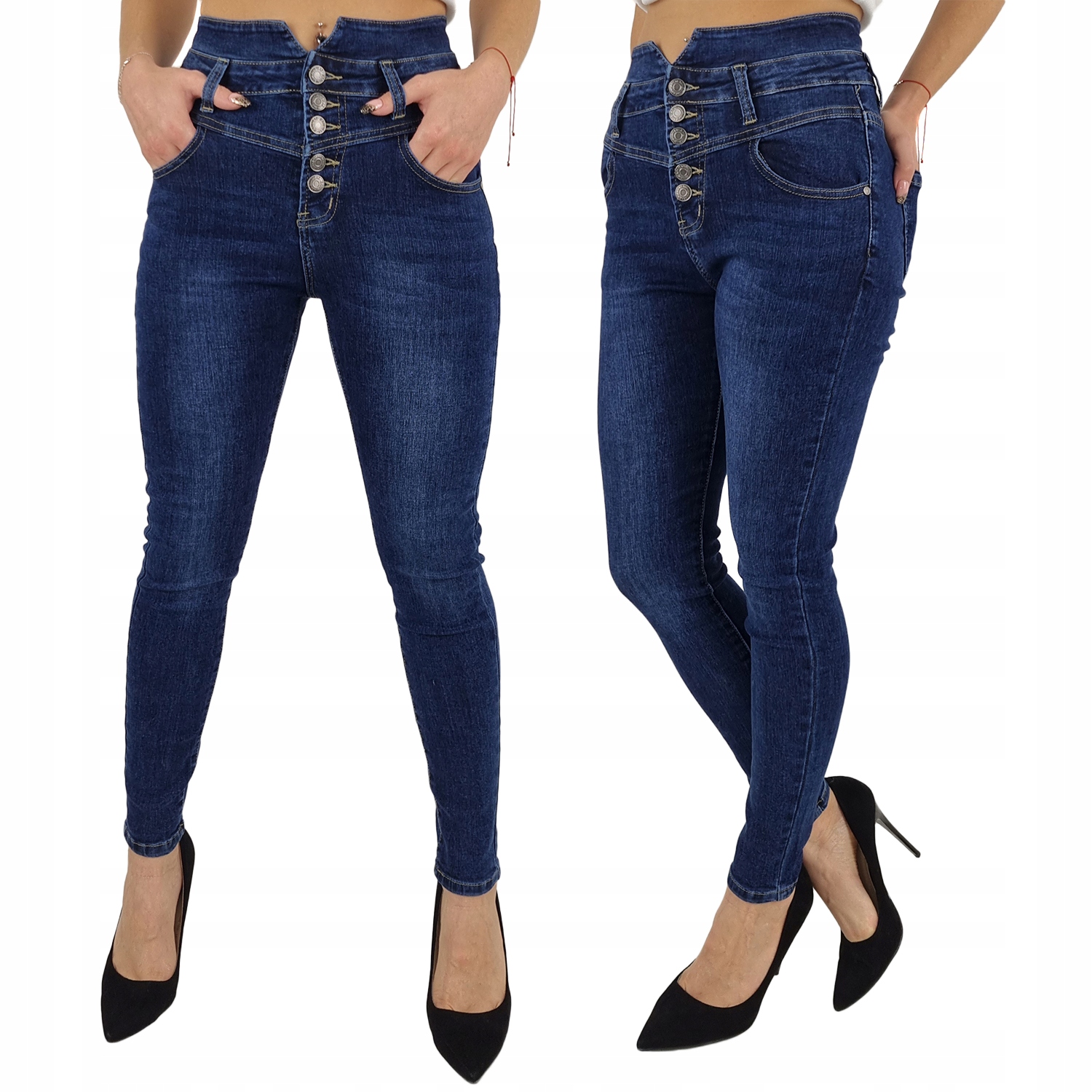 

Spodnie Jeansowe Damskie Guziki Wysoki Stan Blue