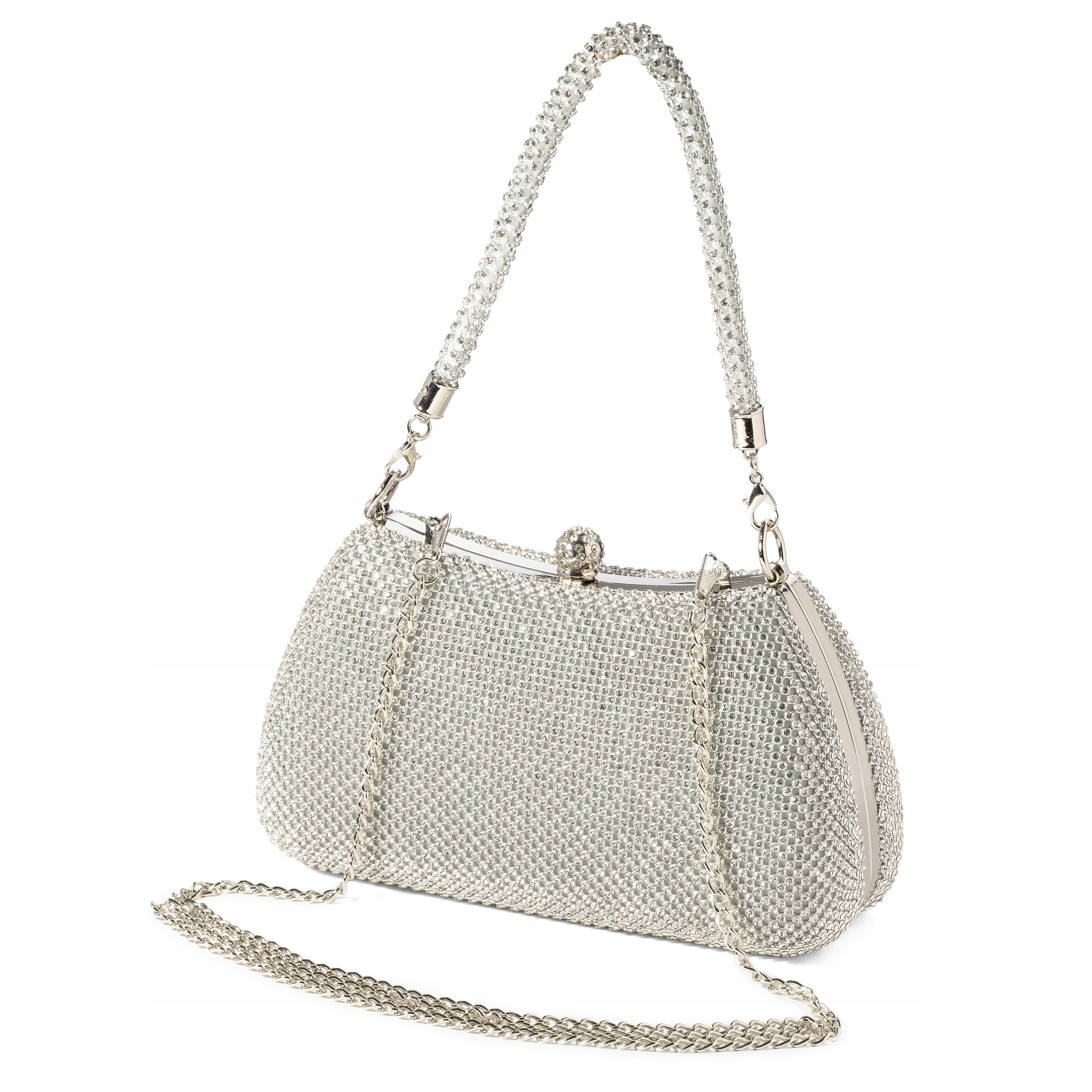 Dámská stříbrná večerní kabelka s řetízkem na zirkony