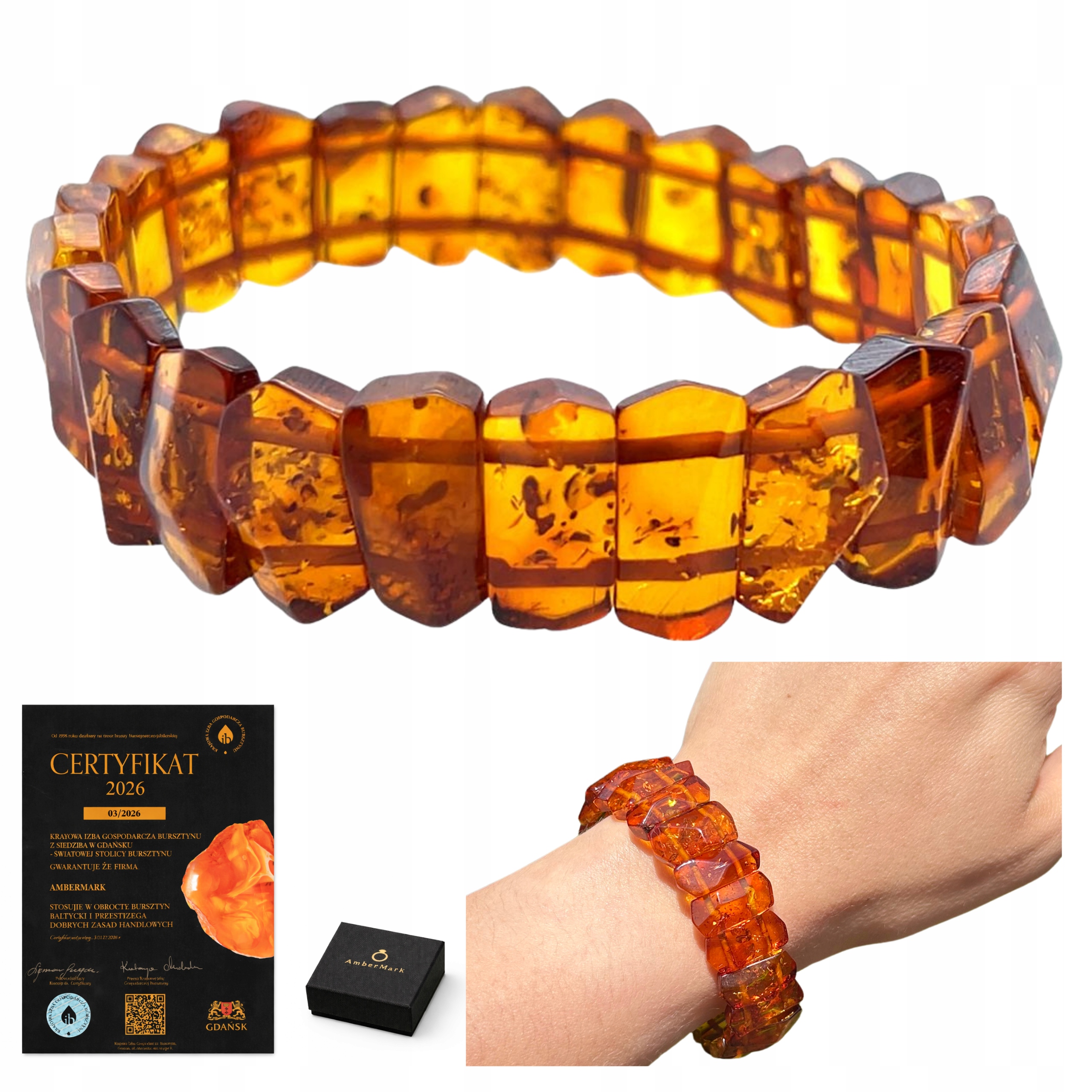 Dámský fazetovaný jantarový náramek koňak, elastický