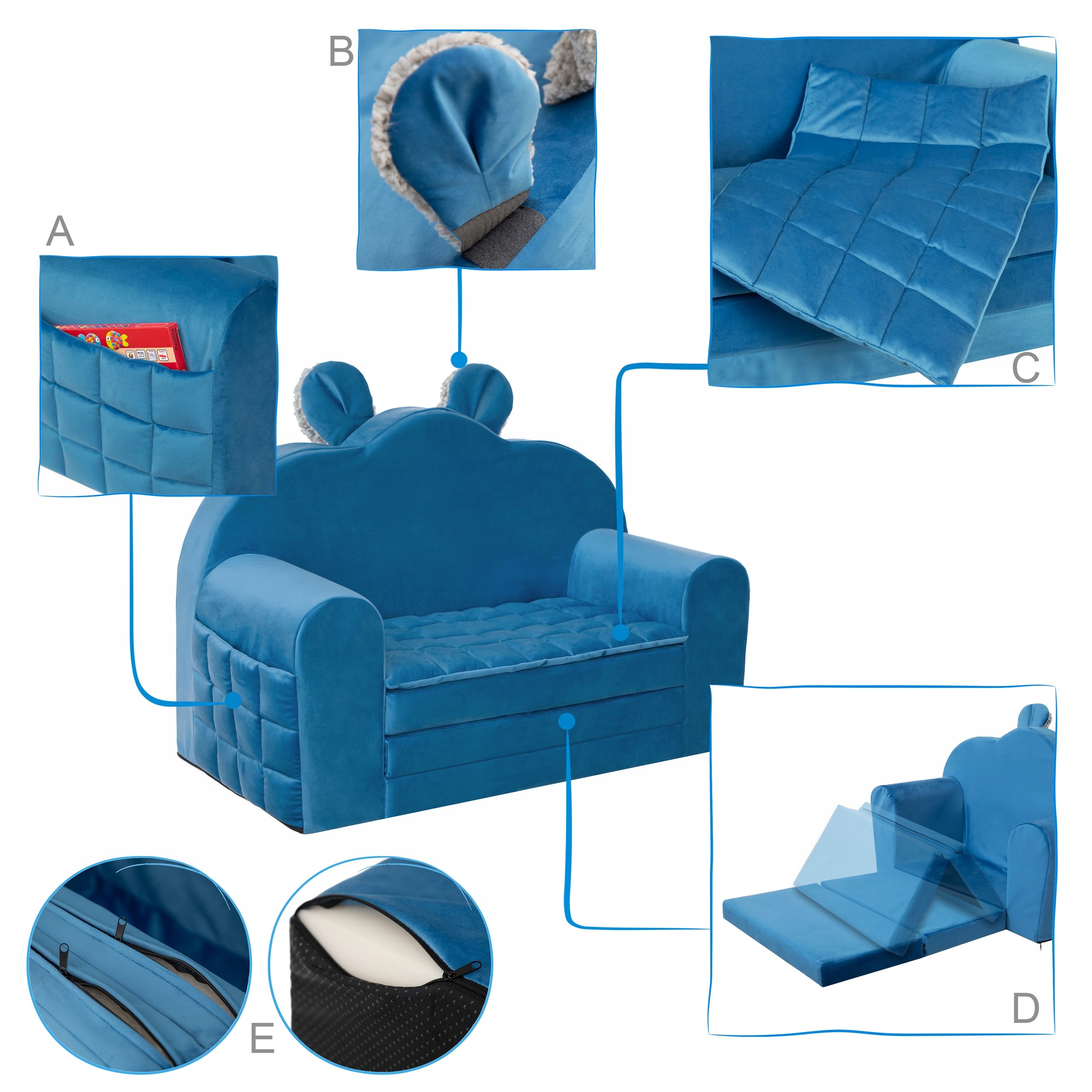Kanapa Sofa z pianki Niebieska dla dzieci rozkładana łóżko tapczanik 71x35 Szerokość produktu 71 cm
