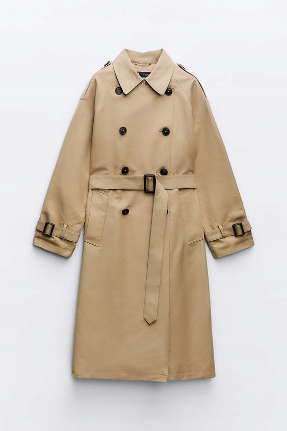 ZARA KLASYCZNY PŁASZCZ TRENCZ BEŻ WIOSNA S/M Kaptur bez kaptura