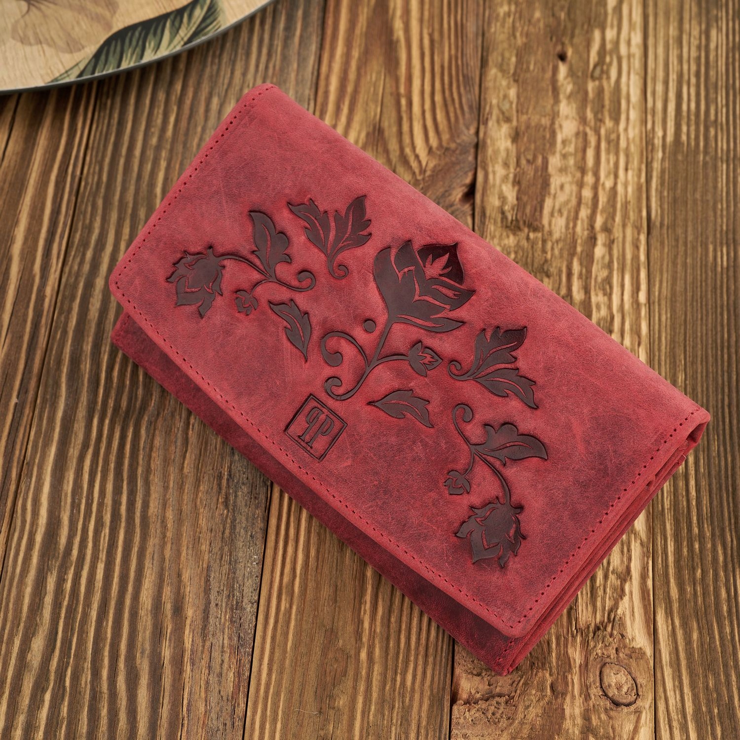 Portfel Damski Skórzany Paolo Peruzzi Czerwony RFID z Wzorami Kwiatowymi Model T-01-RD