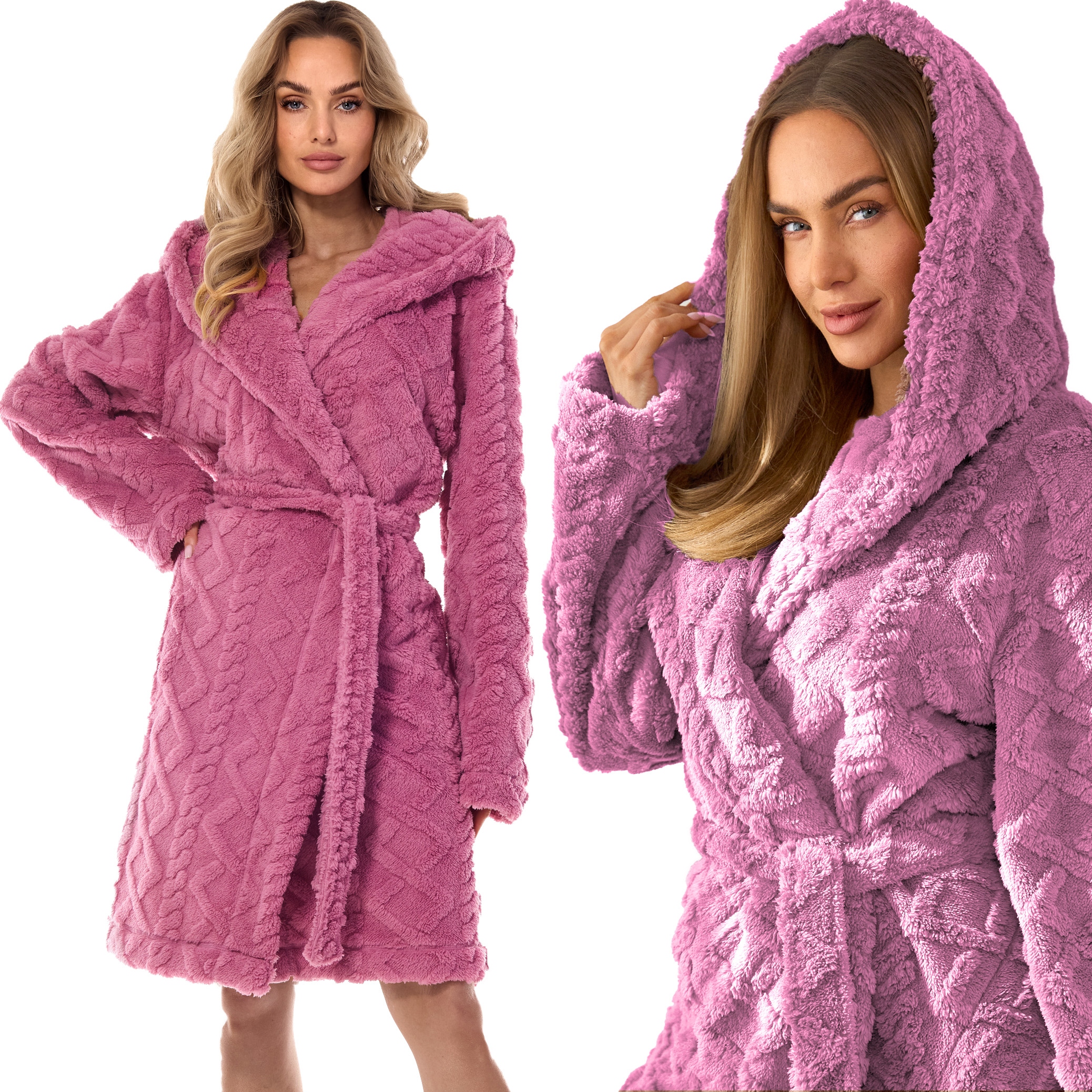 L&L dámský župan krátký teplý s kapuce, reliéfní vzor 2401 Geo višňový S