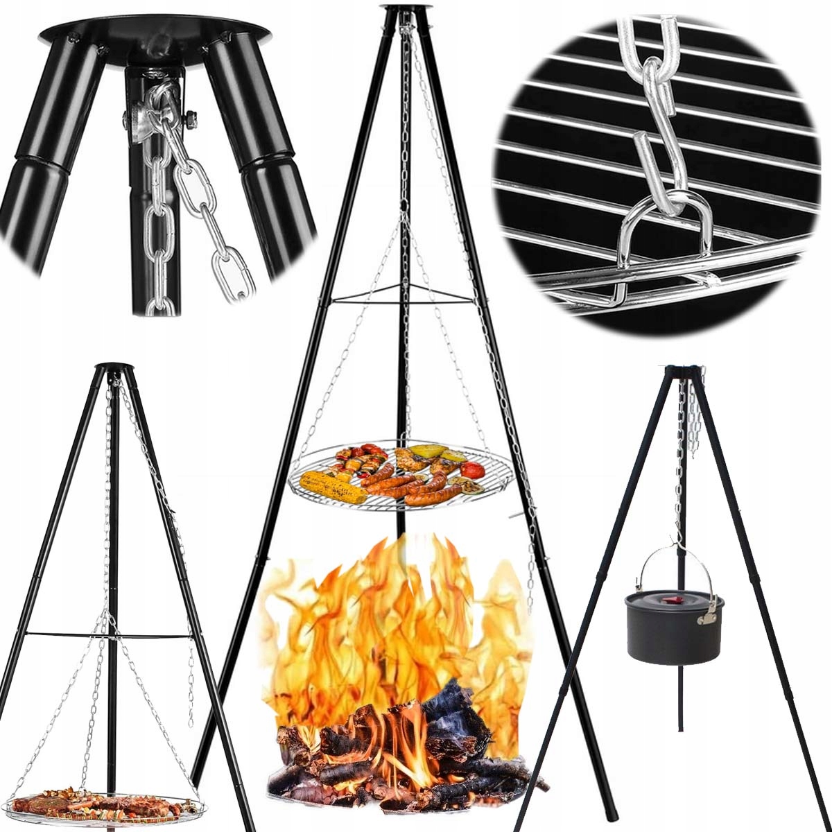 Grill Wahadłowy Trójnóg Wiszący Ruszt Palenisko Ogrodowe Duży 150cm