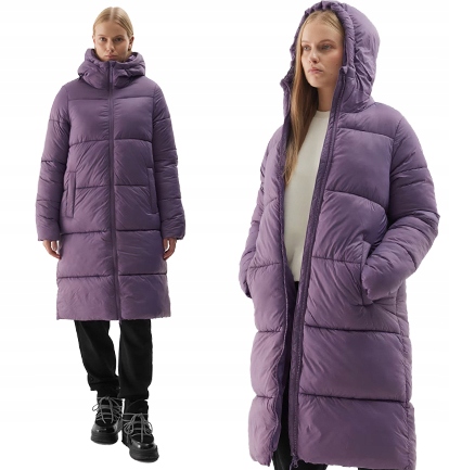 Dámský péřový kabát 4F prošívaný s kapucí ke kolenům F475 XL