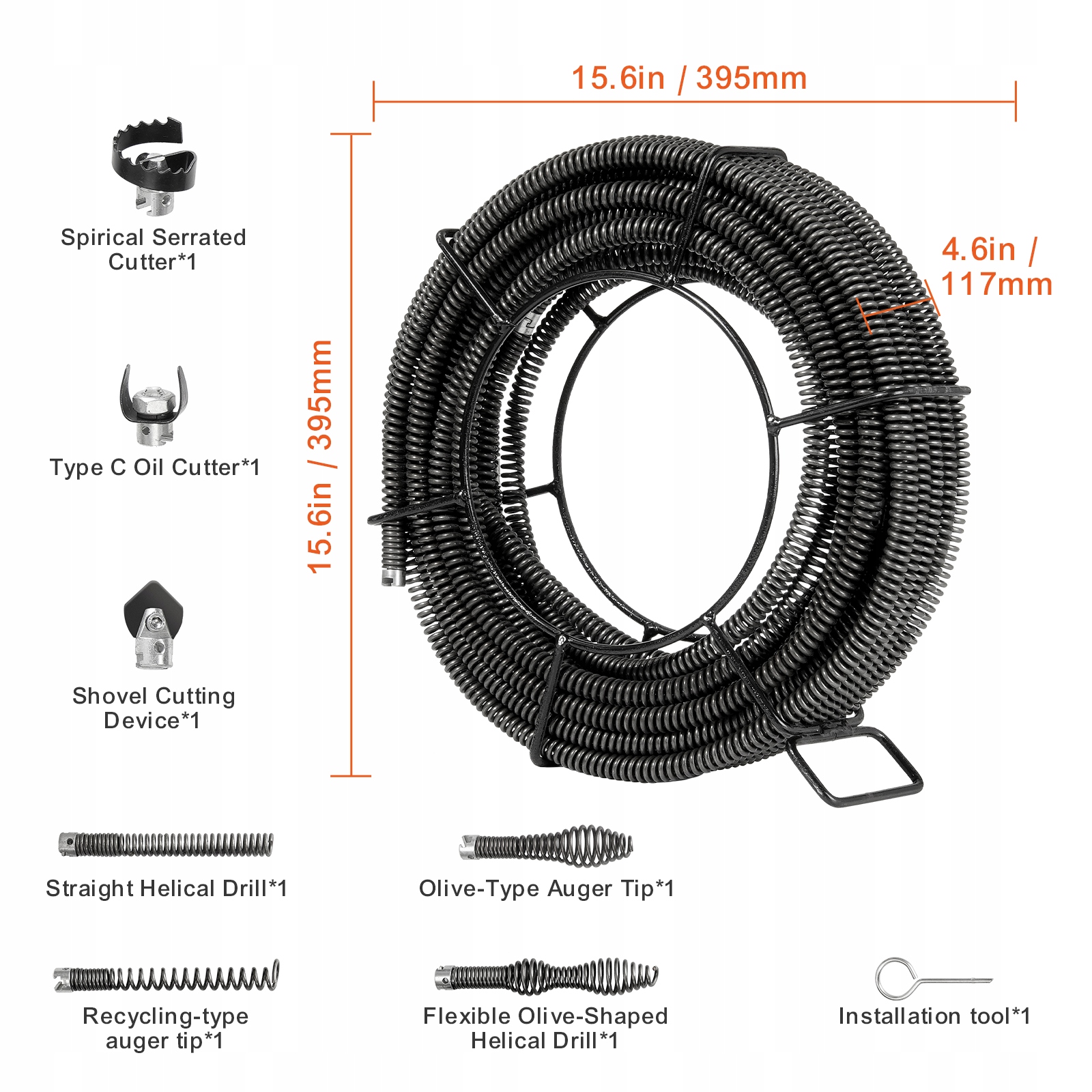 VEVOR Rur Spiralna 20M Odpowiedni Rozmiar Rury 20–100MM Do Czyszczenia EAN (GTIN) 197988201311