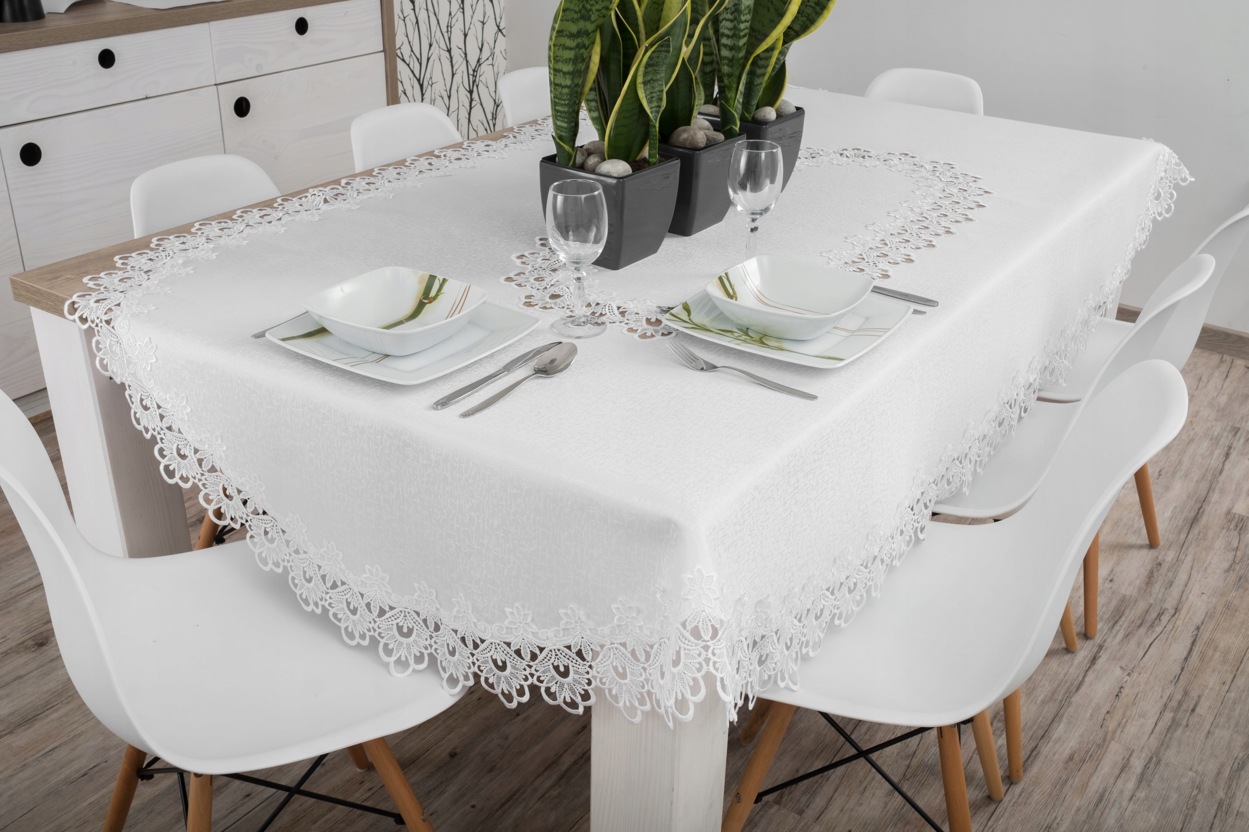 Obrus OWALNY z gipiurą plamoodporny 160x300 ECRU Długość 300 cm