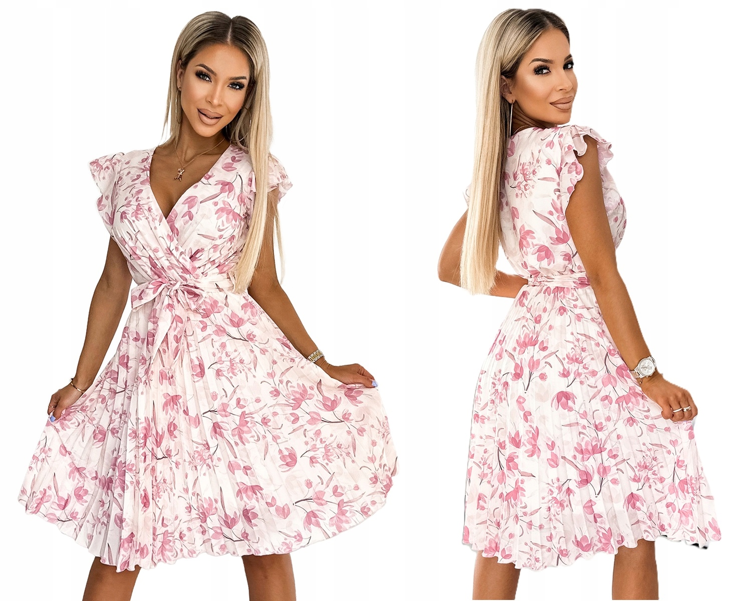 Krásná Plisovaná Šaty S Volánky Na Párty, Růžové Květy, Velikost XL