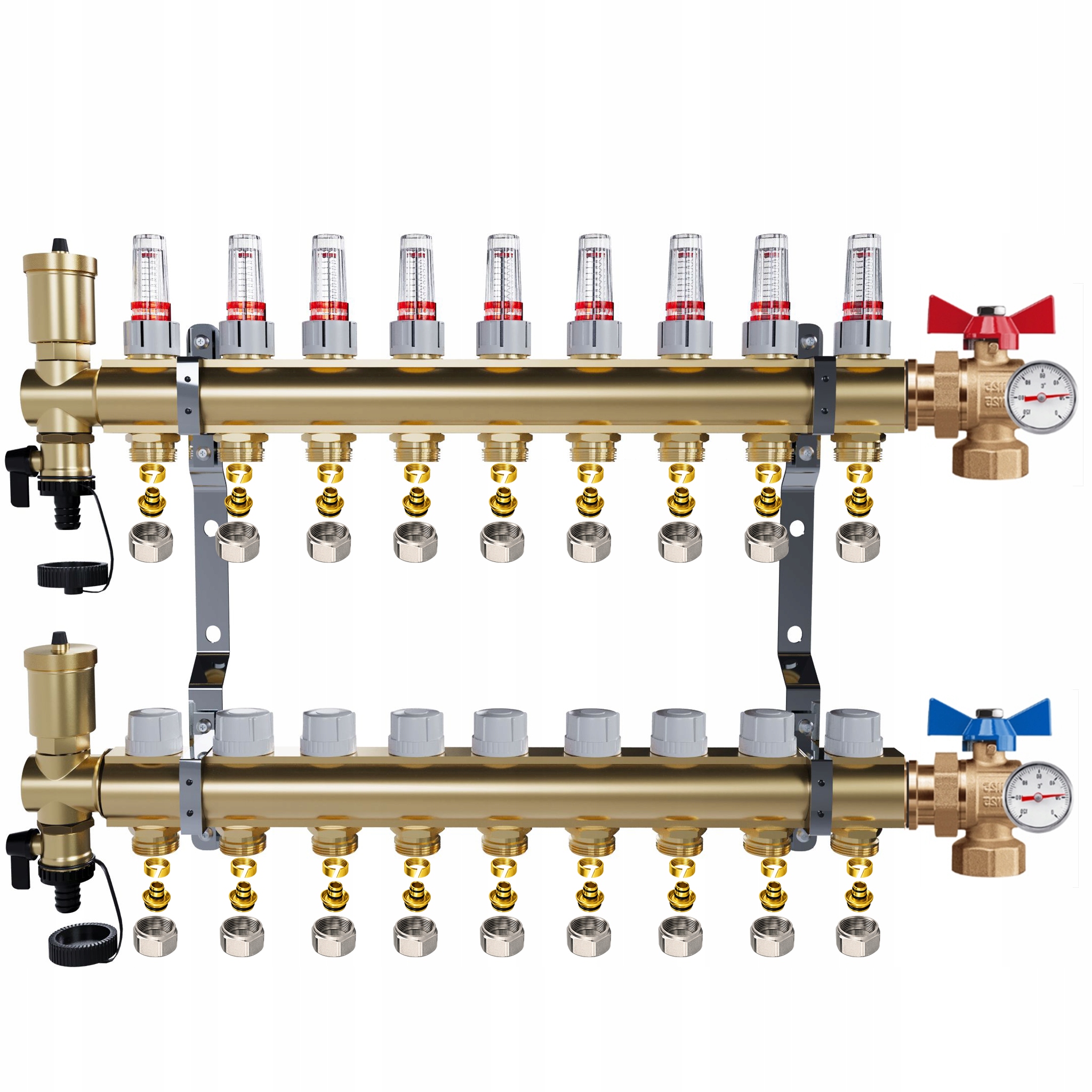Rozdělovač mosazný Podlahovky 9 okruhů Kulové ventily Teploměr Pex