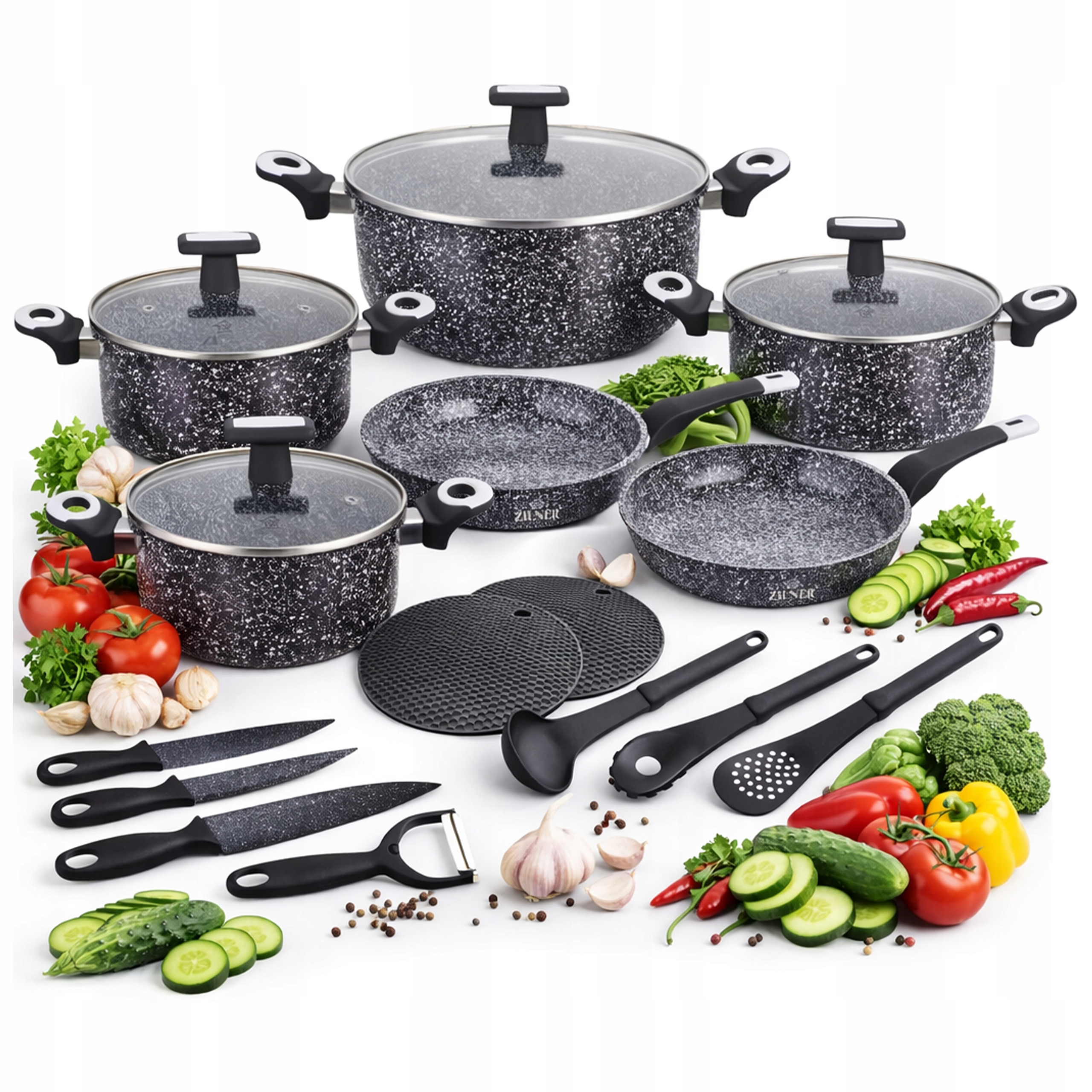 KOMPLET GARNKÓW INDUKCJA ZESTAW GARNKI MARMUROWE PATELNIA RONDEL NOŻE 19ELE