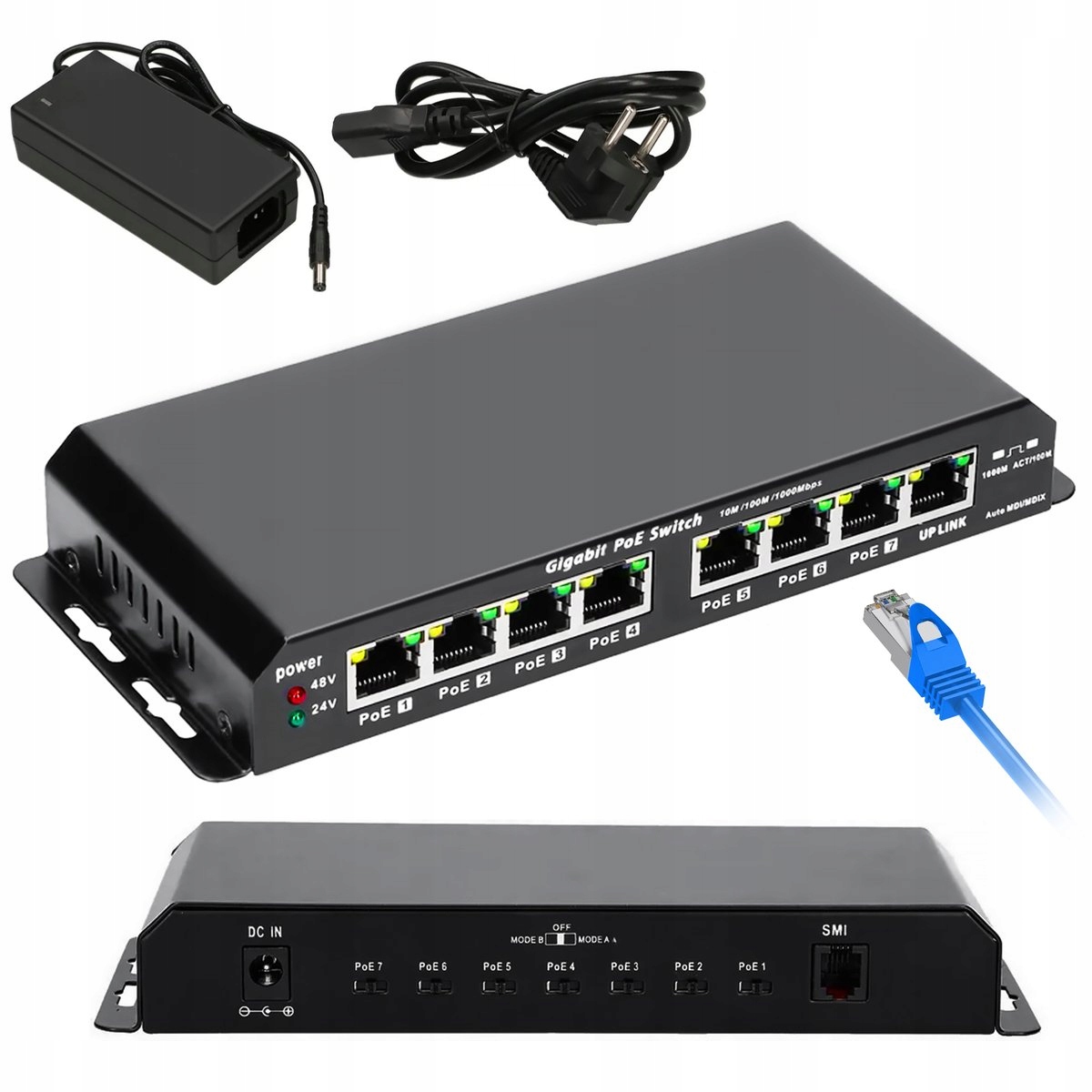 Extralink Kratos Switch 7x Gigabit PoE, 1x Uplink RJ45, Napájecí adaptér 24