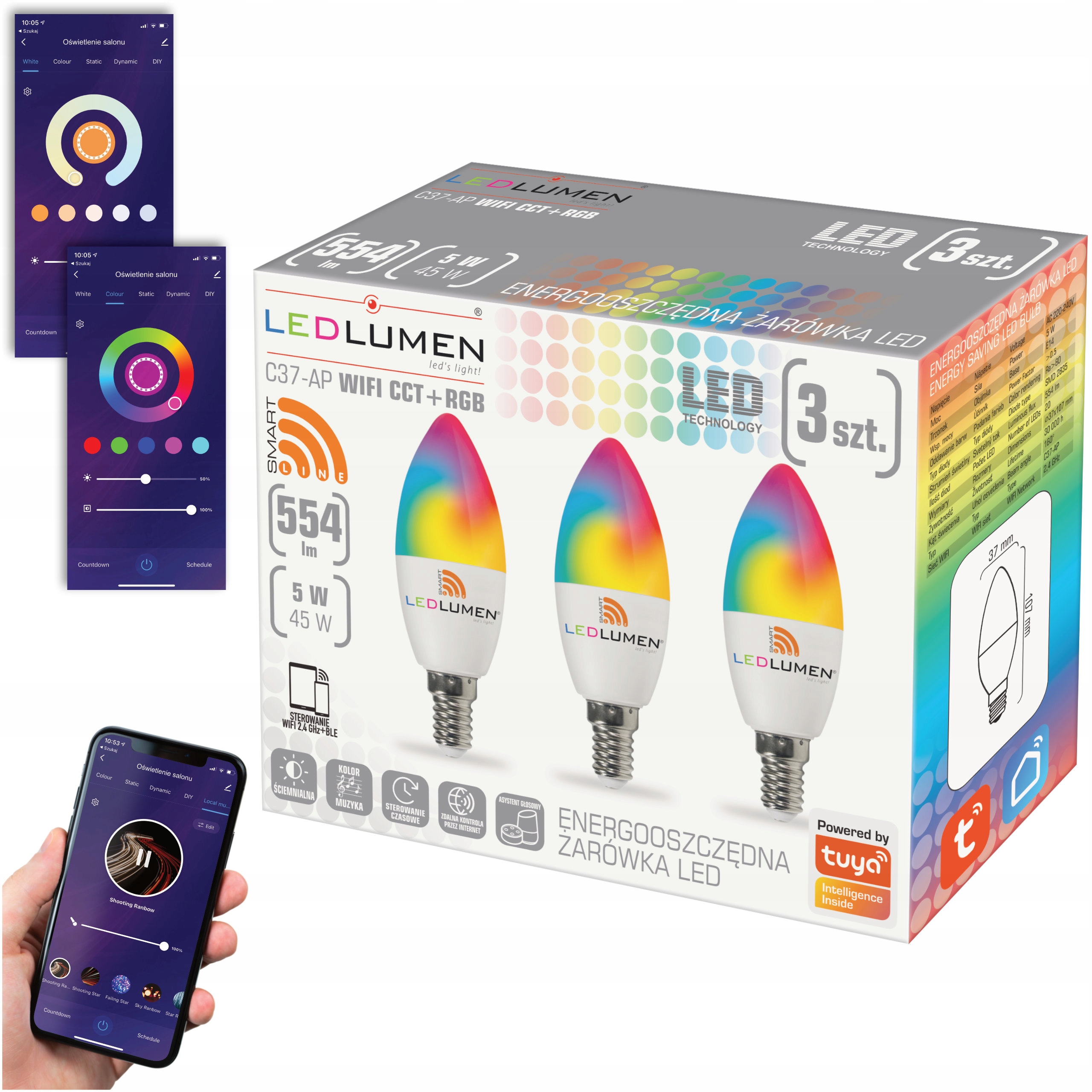

3x Żarówka Led E14 5W Rgb+cct Wifi Tuya Smart Life