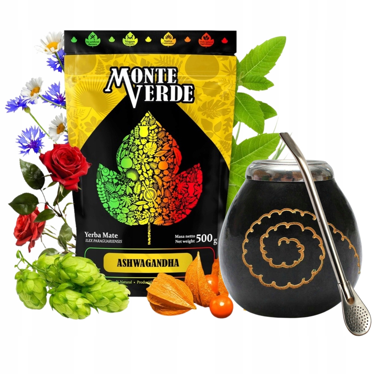 Sada Yerba maté Monte Verde Ashwagandha 500 g tykev Caracas bombilla