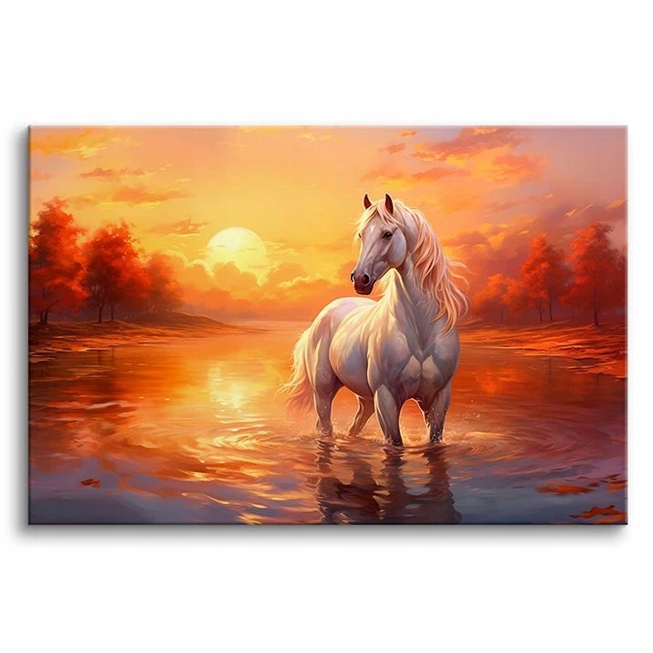 Moderní Obraz na plátně do ložnice Bílý kůň Západ slunce 60x90