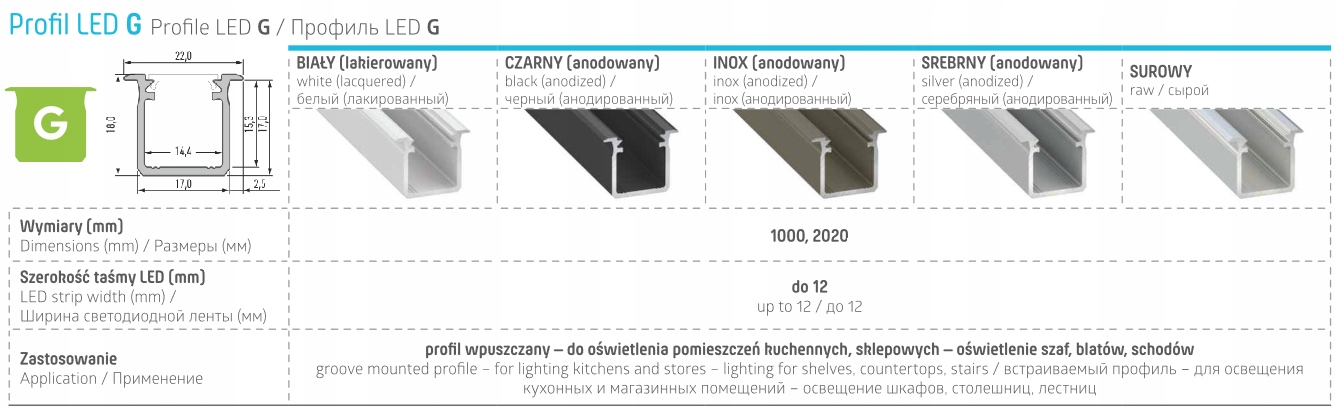 PROFIL LED WPUSZCZANY DO TYNKU G +KLOSZ 2m BIAŁY Waga produktu z opakowaniem jednostkowym 0.6 kg