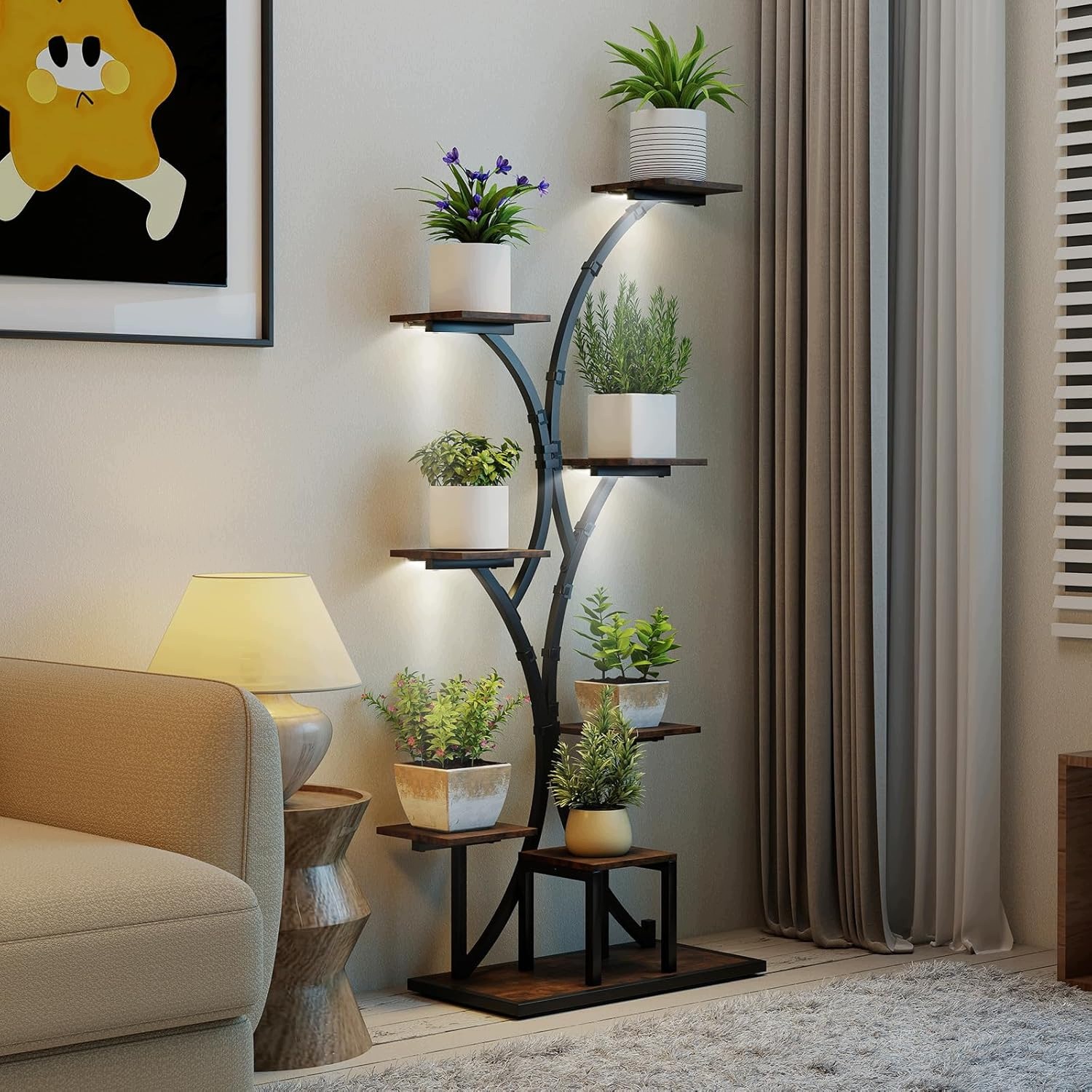 8-ÚROVŇOVÝ Stojan Na Rastliny So 4 Lampami Pre Výšku 146 CM, Kov