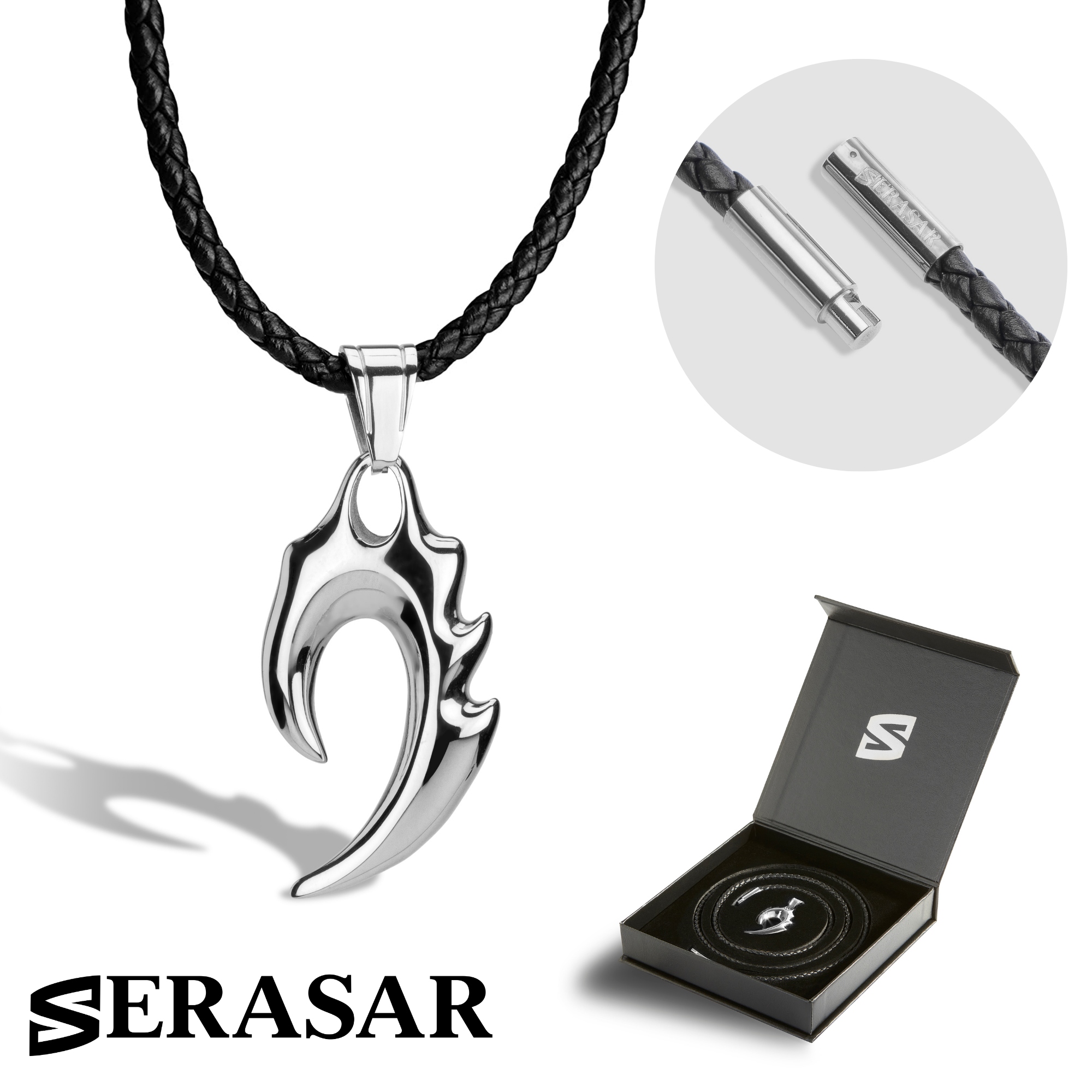 Serasar, Pánský kožený náhrdelník [Flame] Stříbrný, Dárek k narozeninám