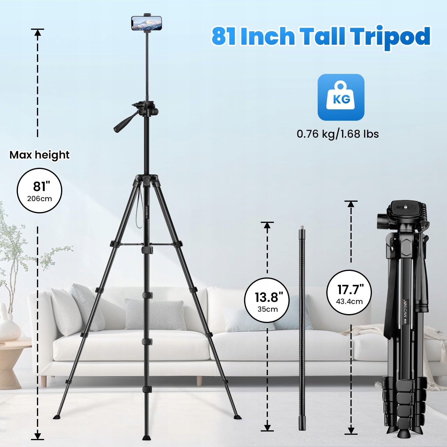 JOILCAN Statyw Kamera 206cm Statyw Telefon Z Pilotem i Uchwyt na Telefon — miniatura 8