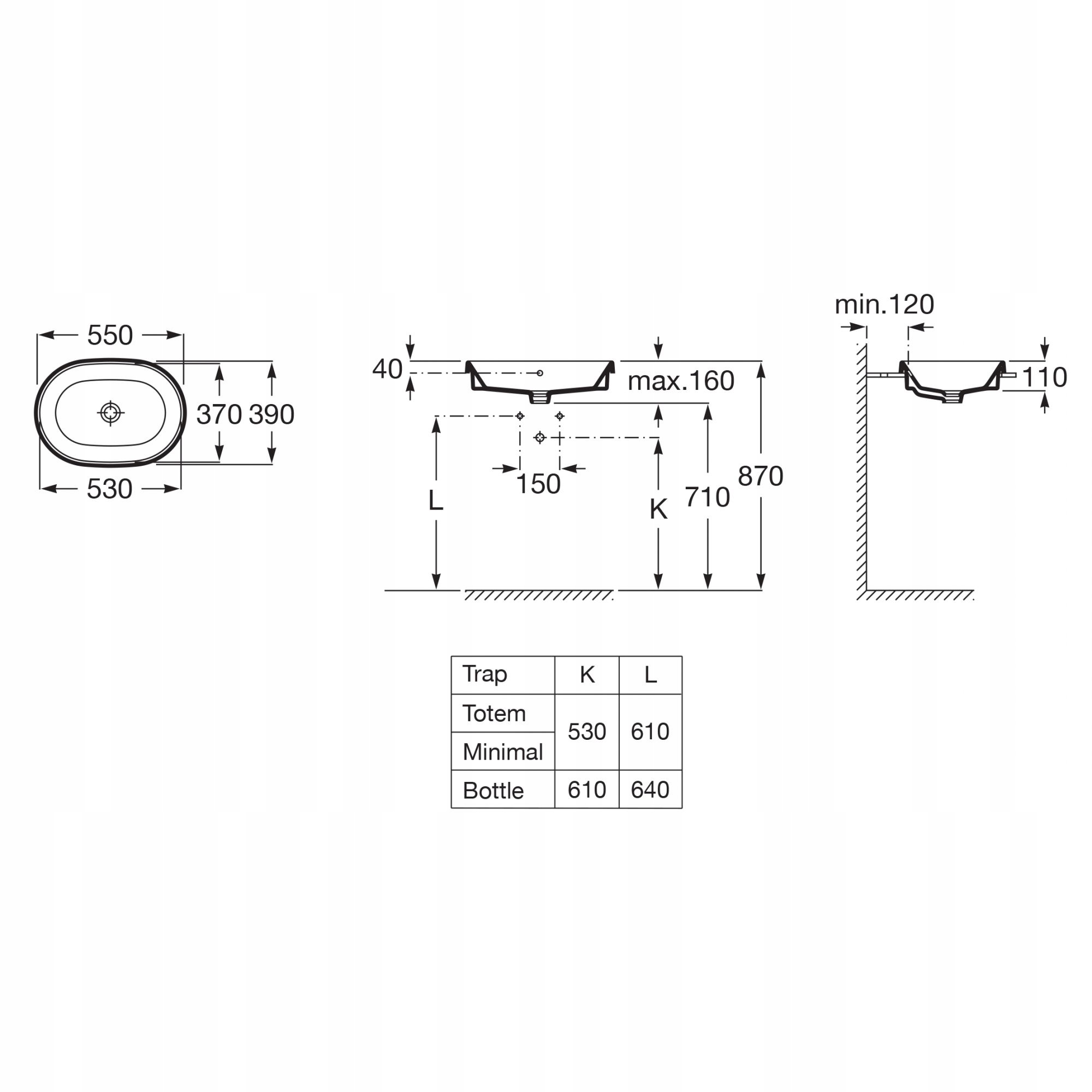 UMYWALKA WPUSZCZANA 55X39 CM OWALNA ROCA GAP ROUND Maks. szerokość 39 cm