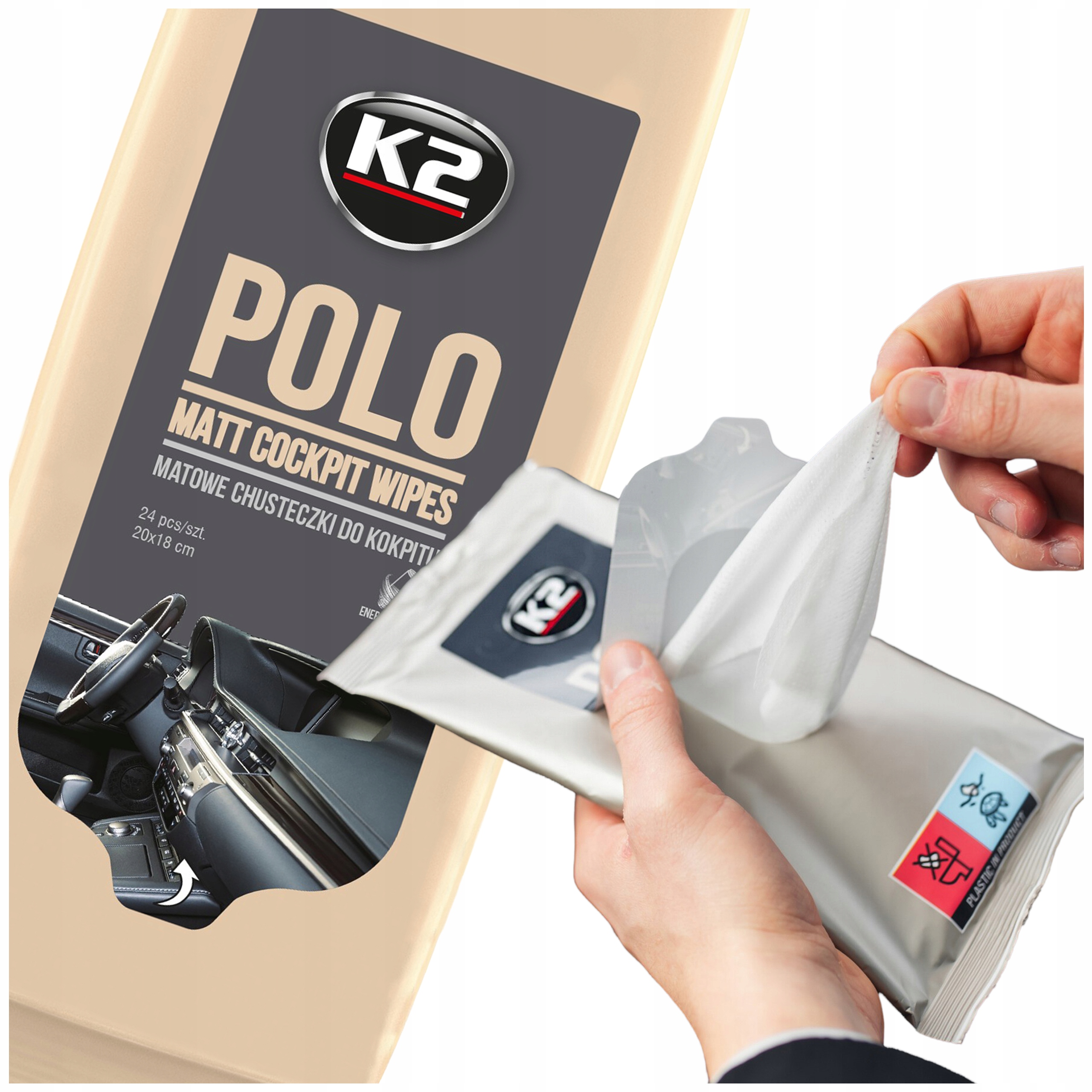 Chusteczki do kokpitu Matowe do czyszczenia mokre K2 Polo Matt Wipes 24szt.