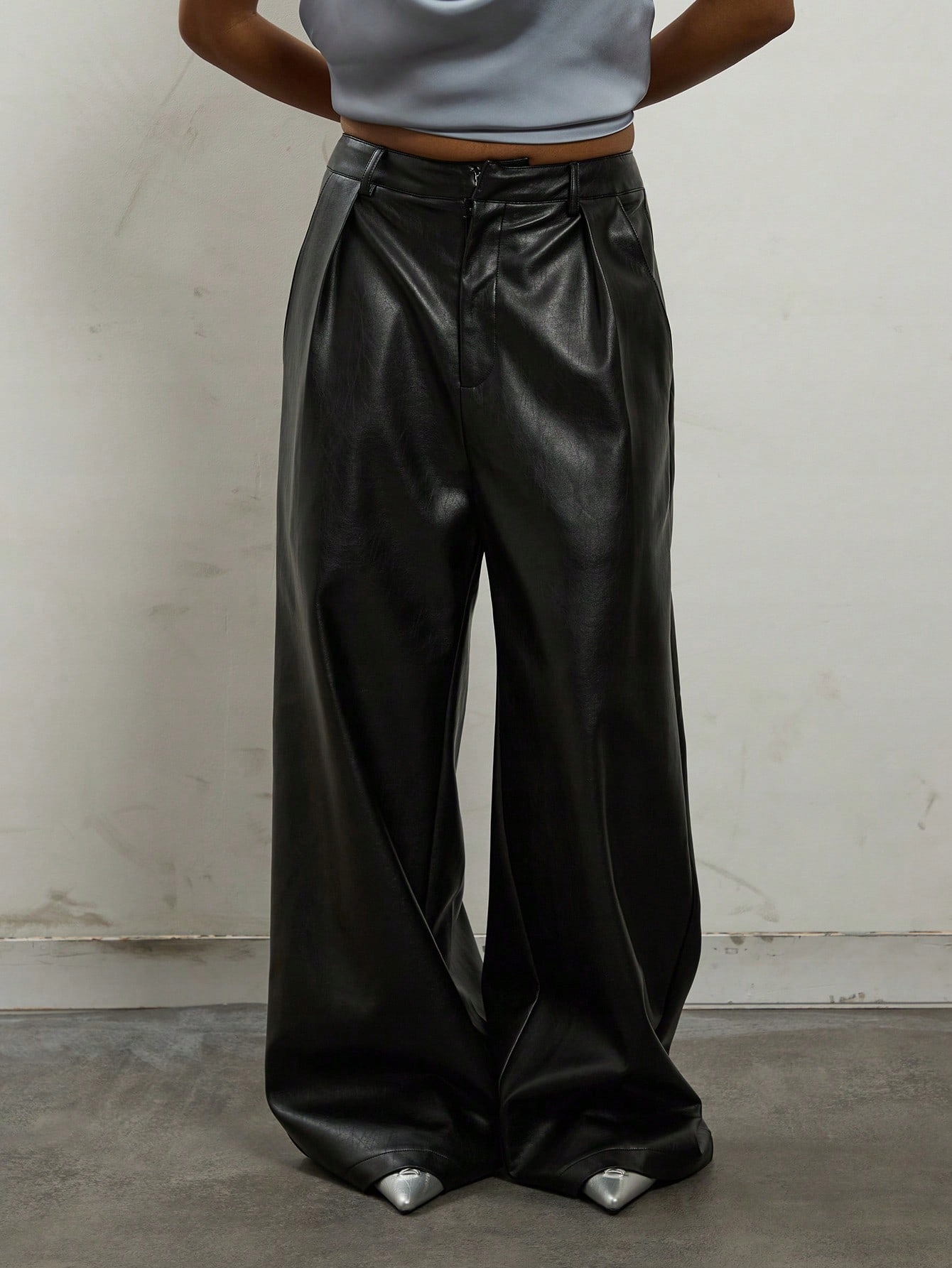 Dámské Kalhoty Ekokožené Černé Wide Leg Nízký Pas Shein S 36