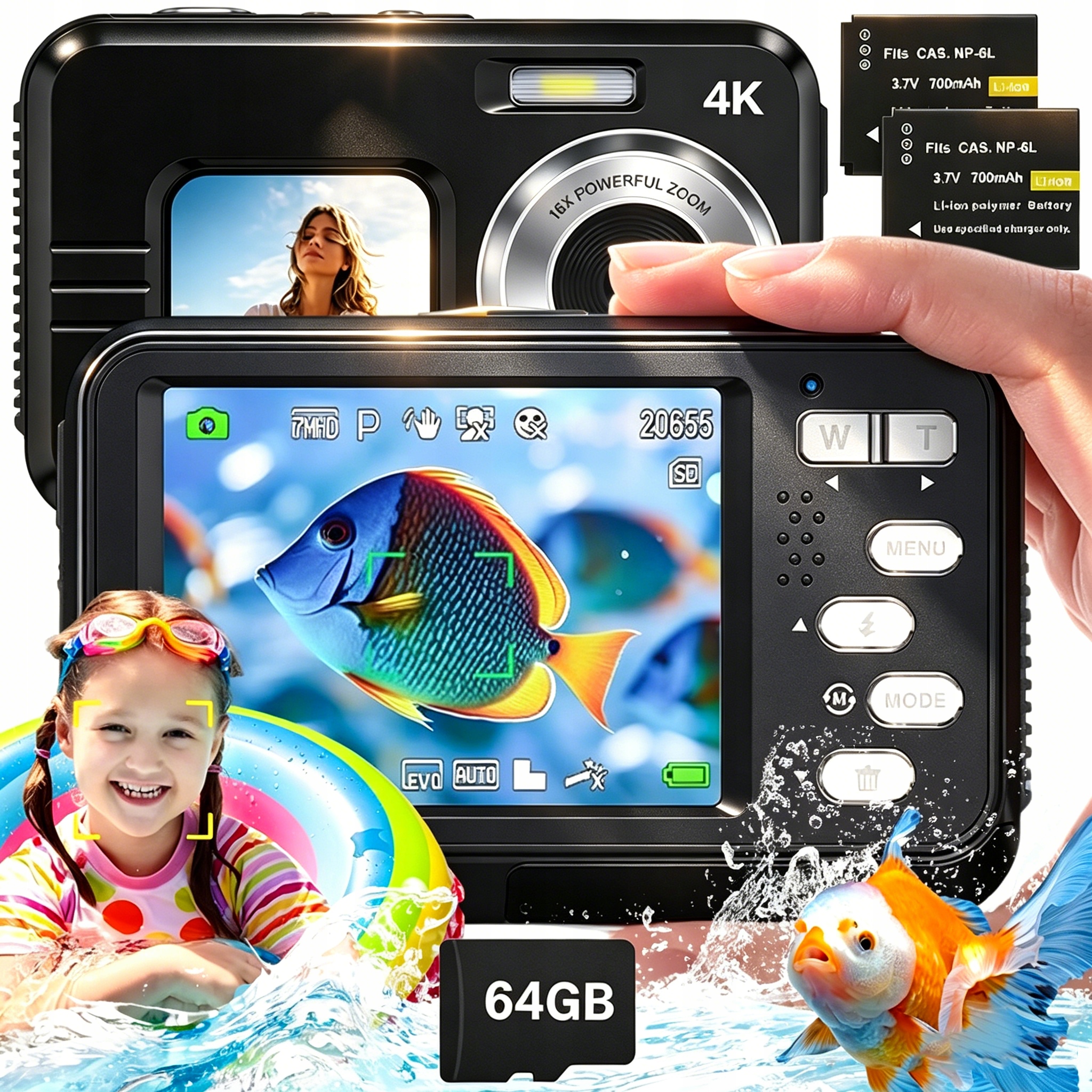 Vodotěsný Digitální Fotoaparát 48 Mp 4K Selfie Dual Screen 64 Gb IP68 Potápění