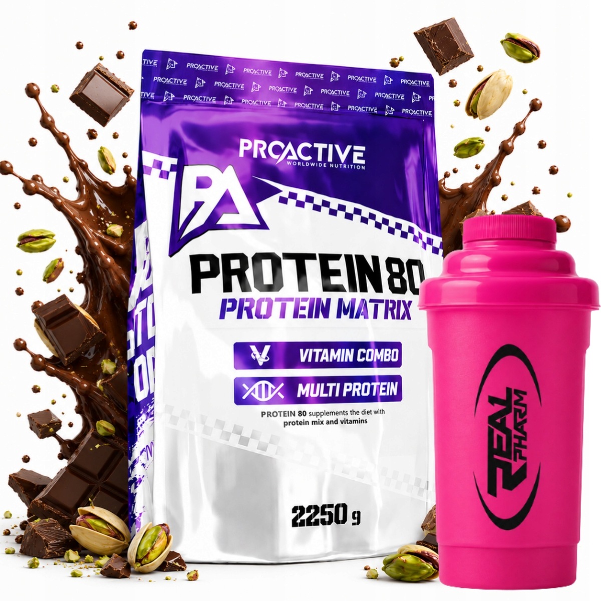 Bílkovina mix bílkovin ProActive Protein 80 2250 g Čokoláda pistácie Shaker